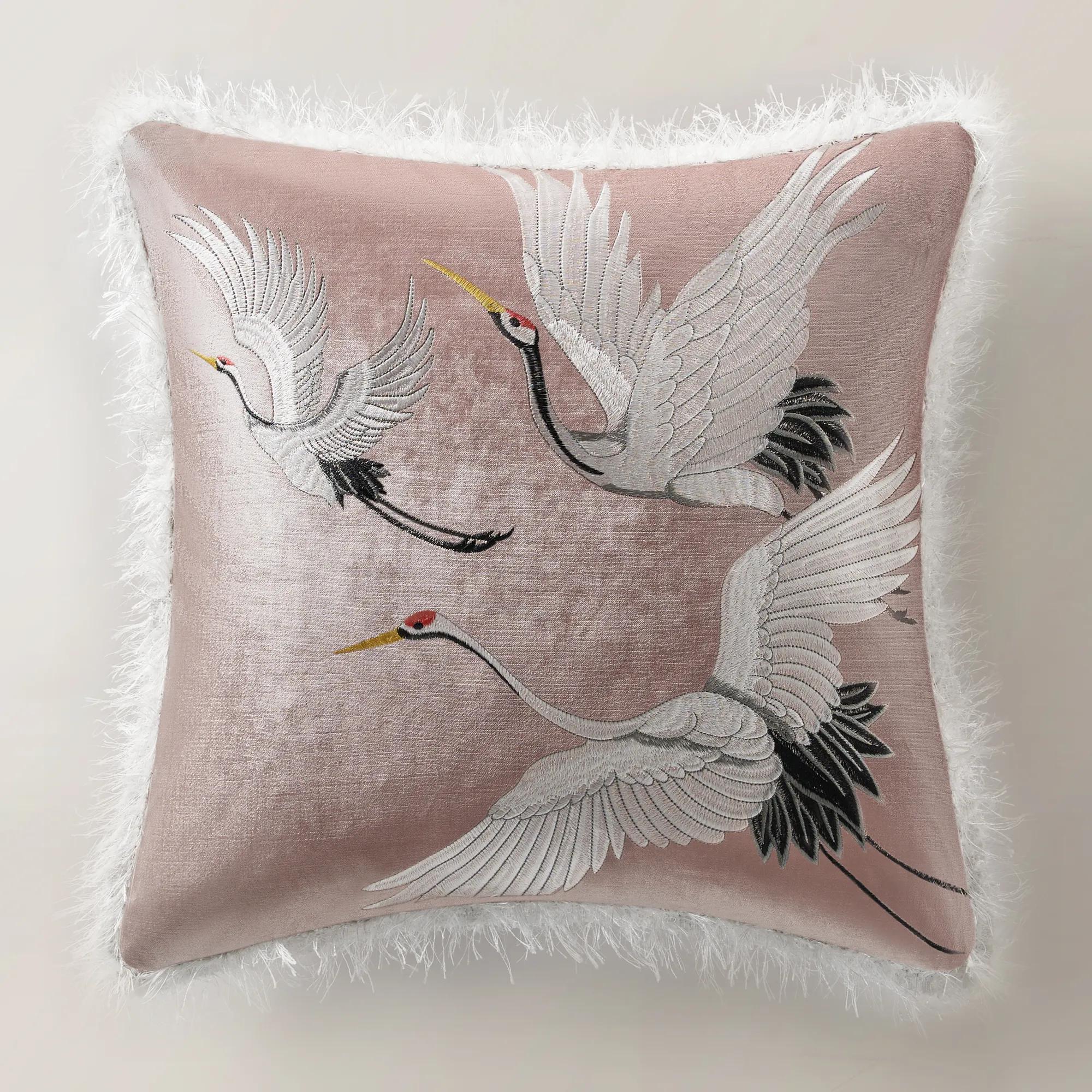 Crane Embroidered Pillow 20" - Dusty Rose