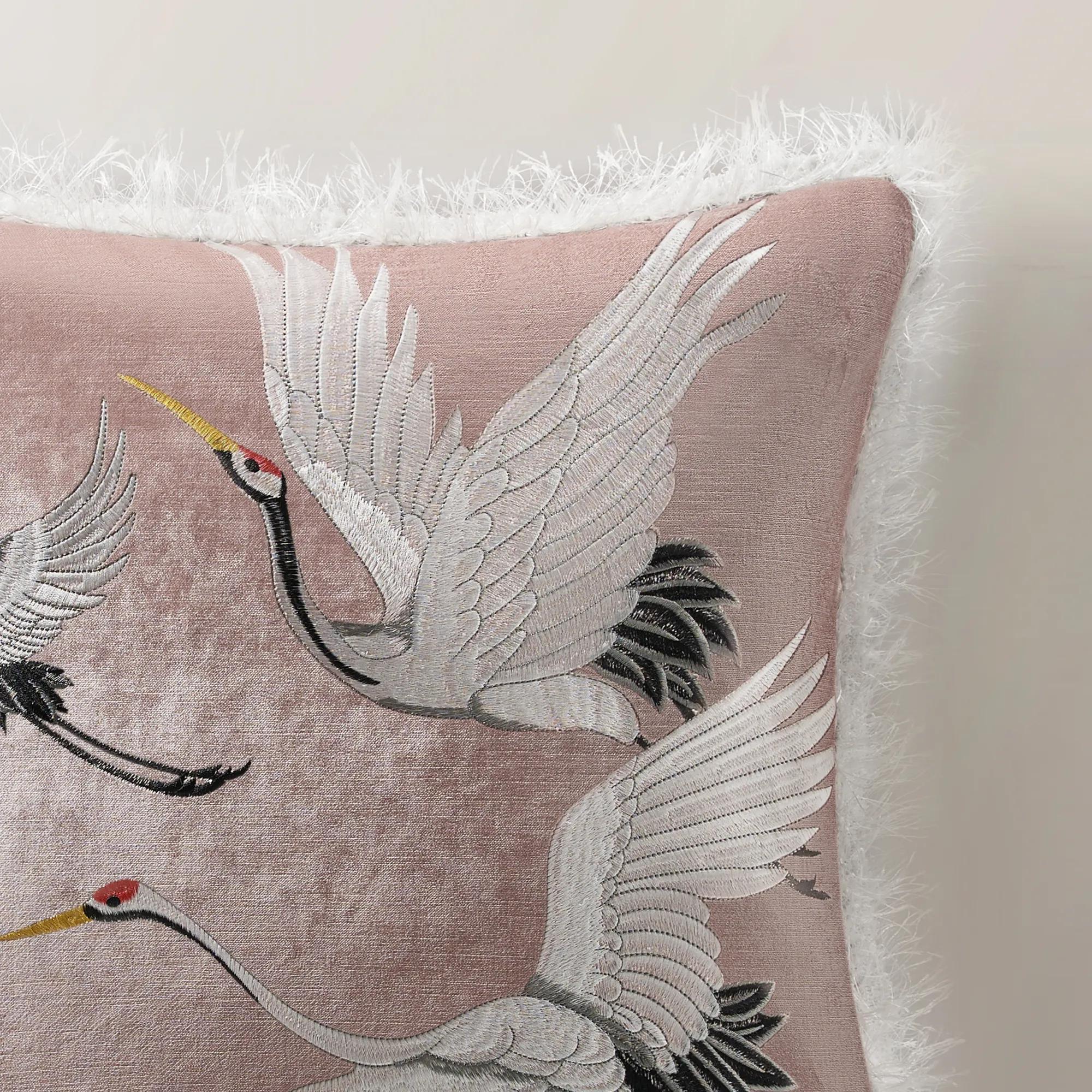 Crane Embroidered Pillow 20" - Dusty Rose