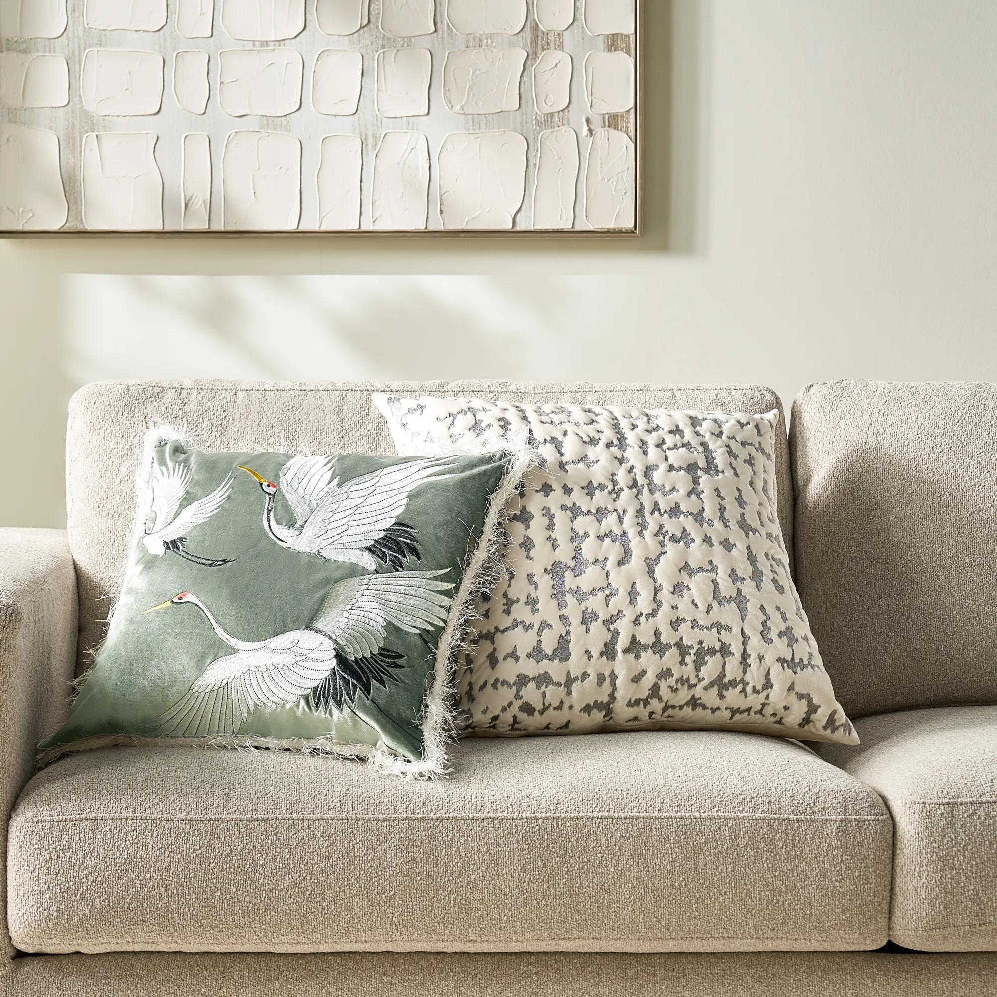 Crane Embroidered Pillow 20" - Soft Muted Olive