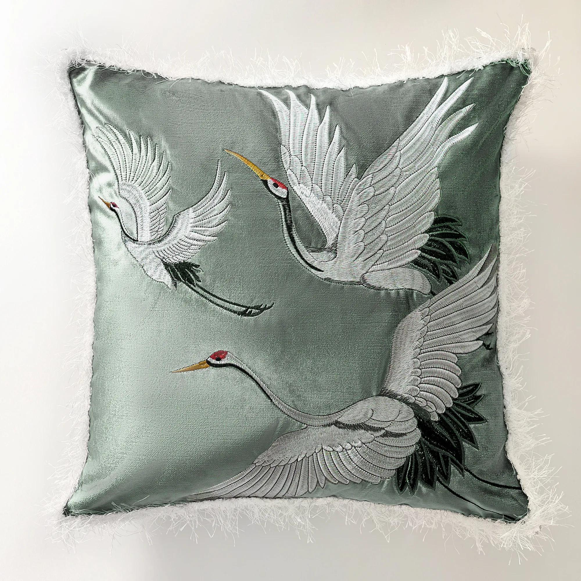 Crane Embroidered Pillow 20" - Soft Muted Olive