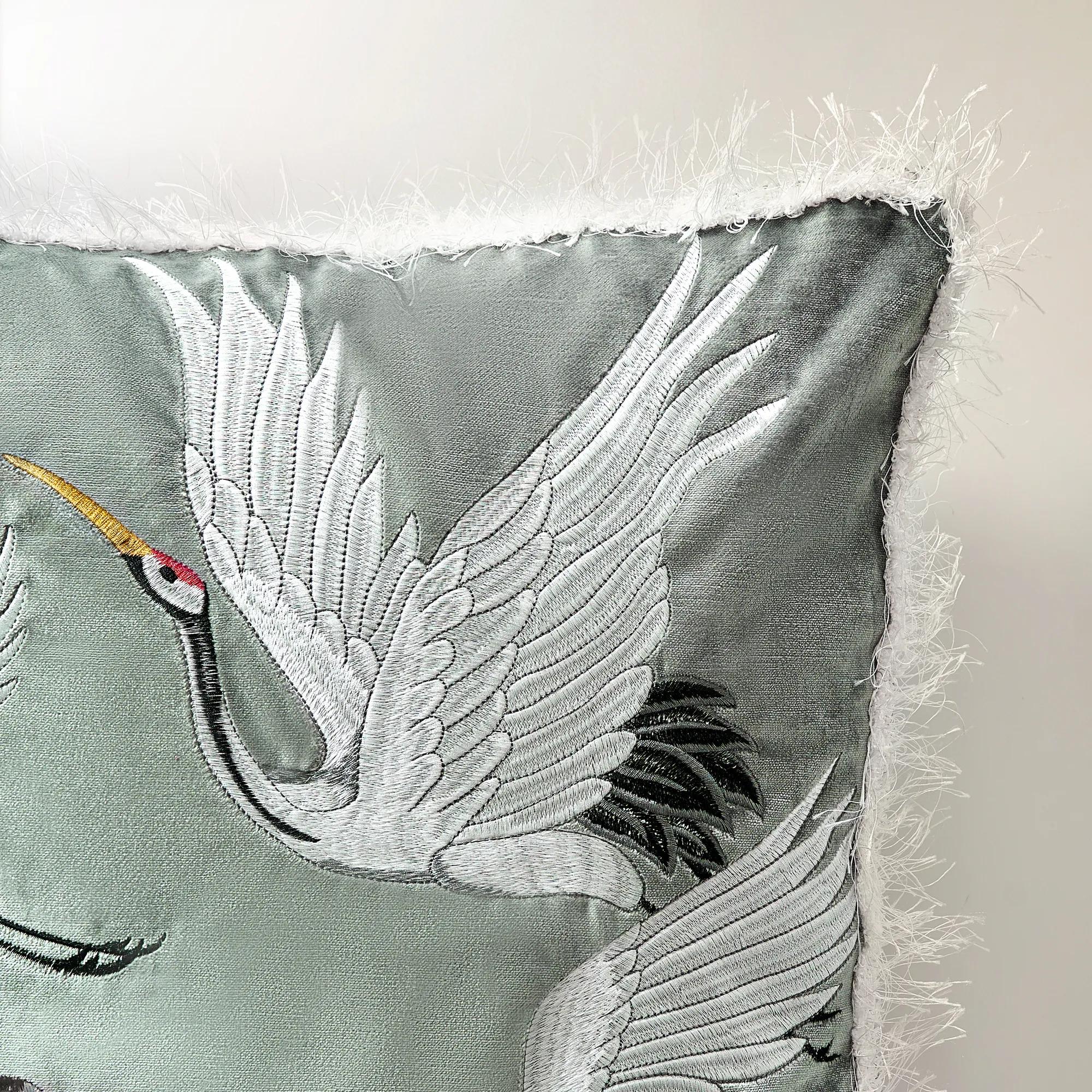 Crane Embroidered Pillow 20" - Soft Muted Olive
