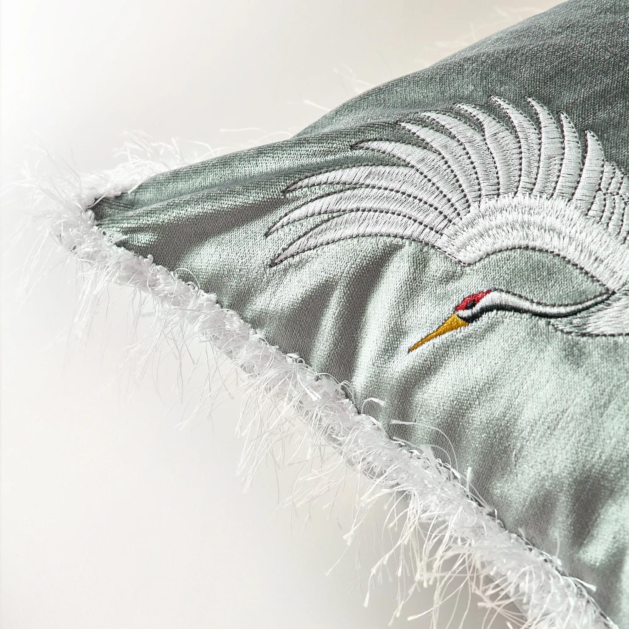 Crane Embroidered Pillow 20" - Soft Muted Olive