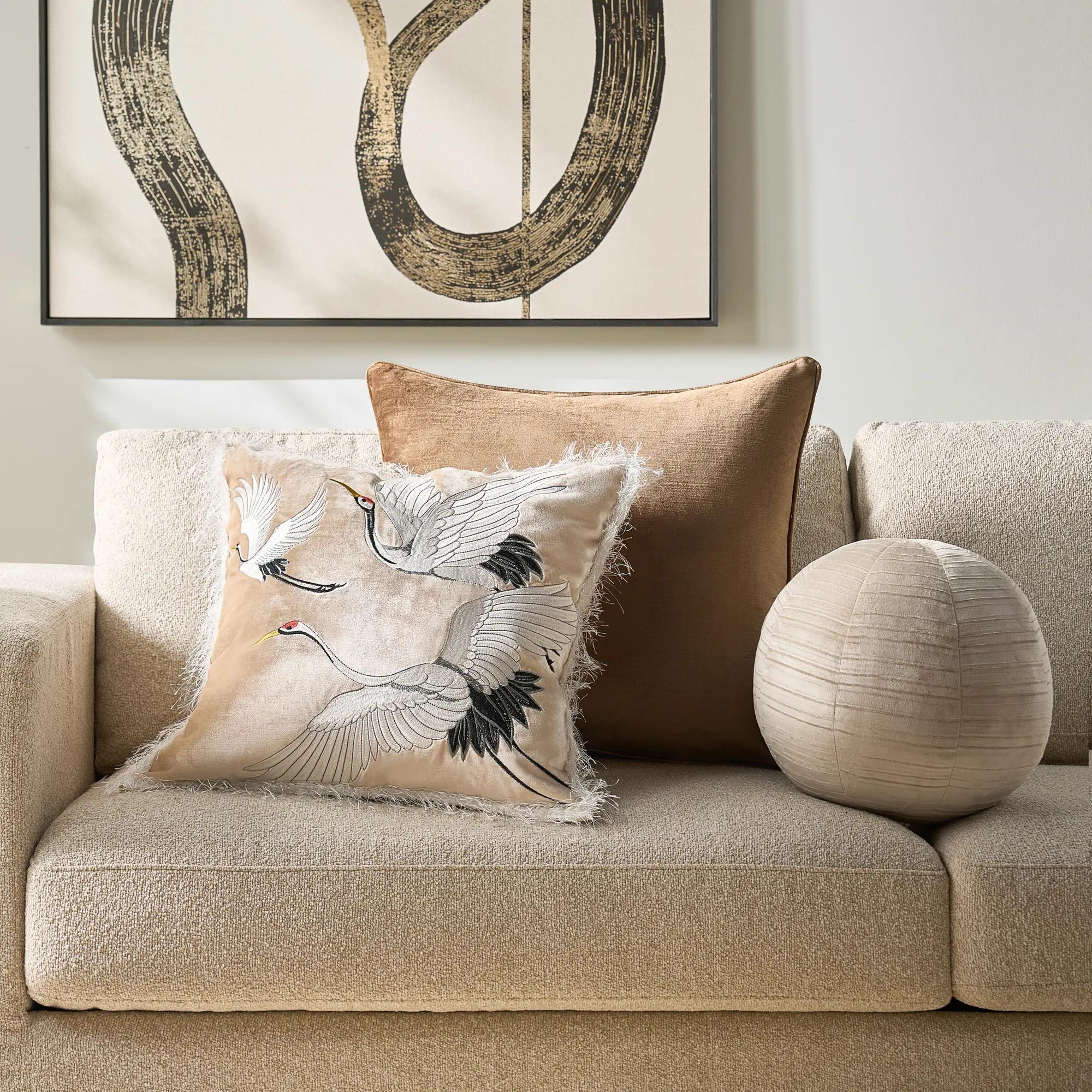 Crane Embroidered Pillow 20" - Soft Butter Cream