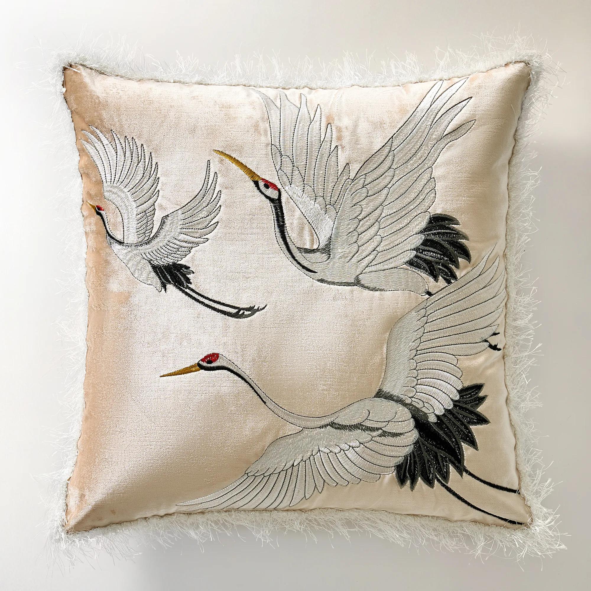 Crane Embroidered Pillow 20" - Soft Butter Cream