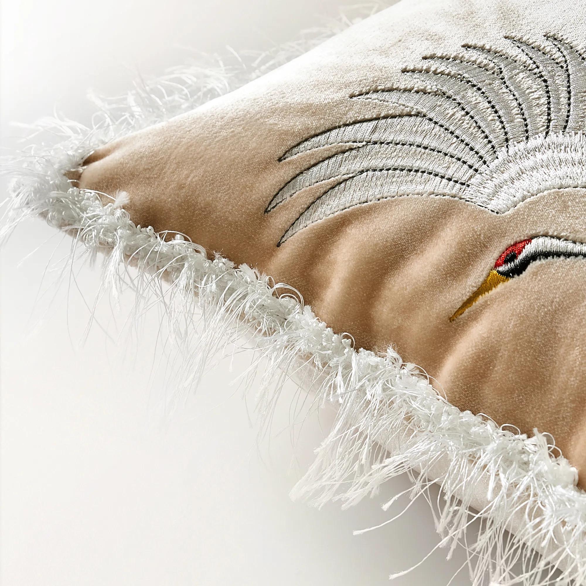 Crane Embroidered Pillow 20" - Soft Butter Cream