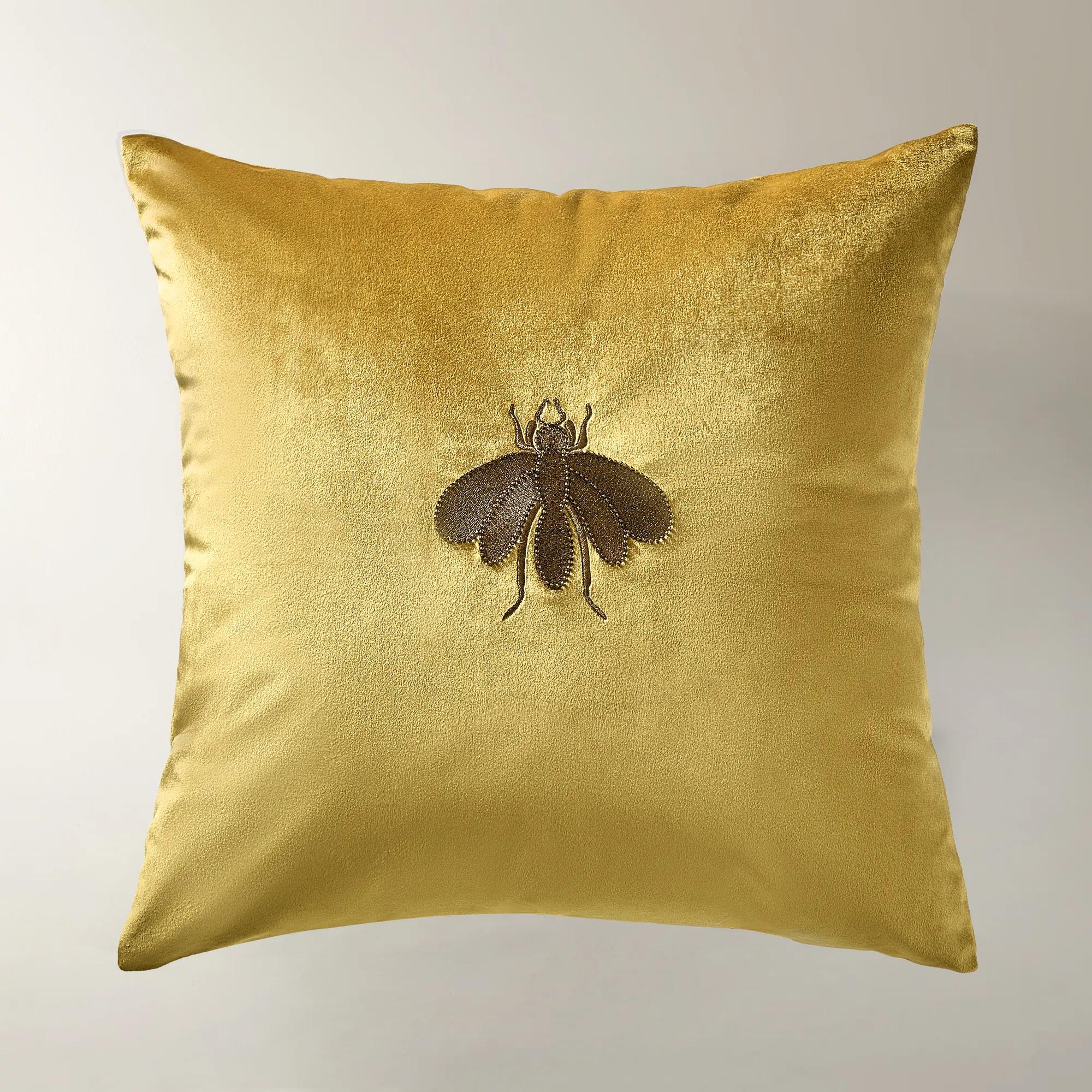 Bee Embroidered Velvet Pillow 20" - Honey Gold/Bronze