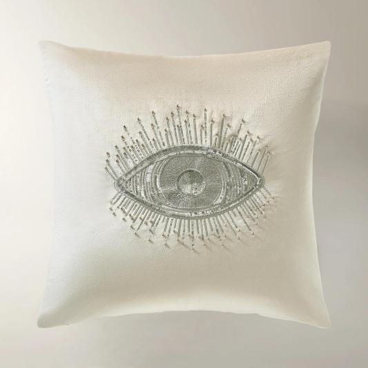 Glam Eye Embellished Velvet Pillow 20" - Alabaster