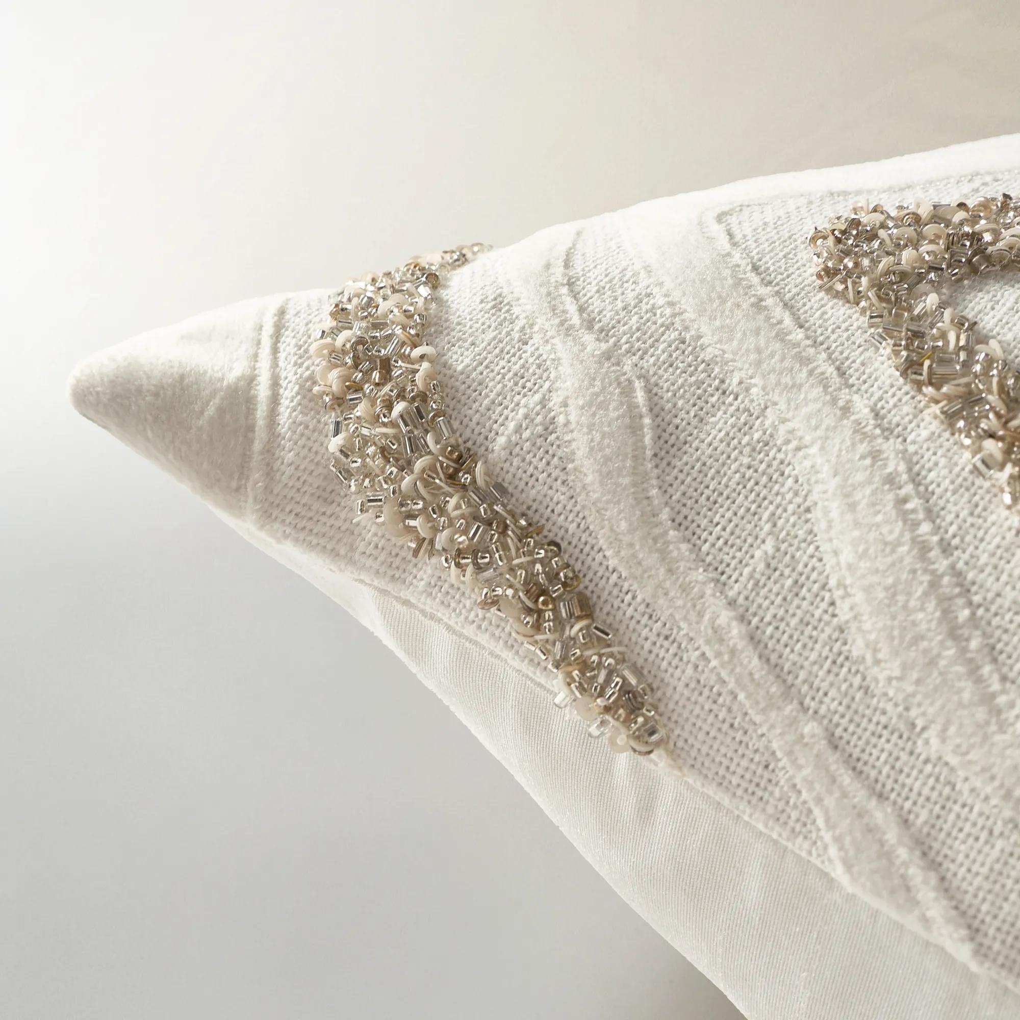 Nomi Bead Embroidered Pillow 20" - White/Champagne