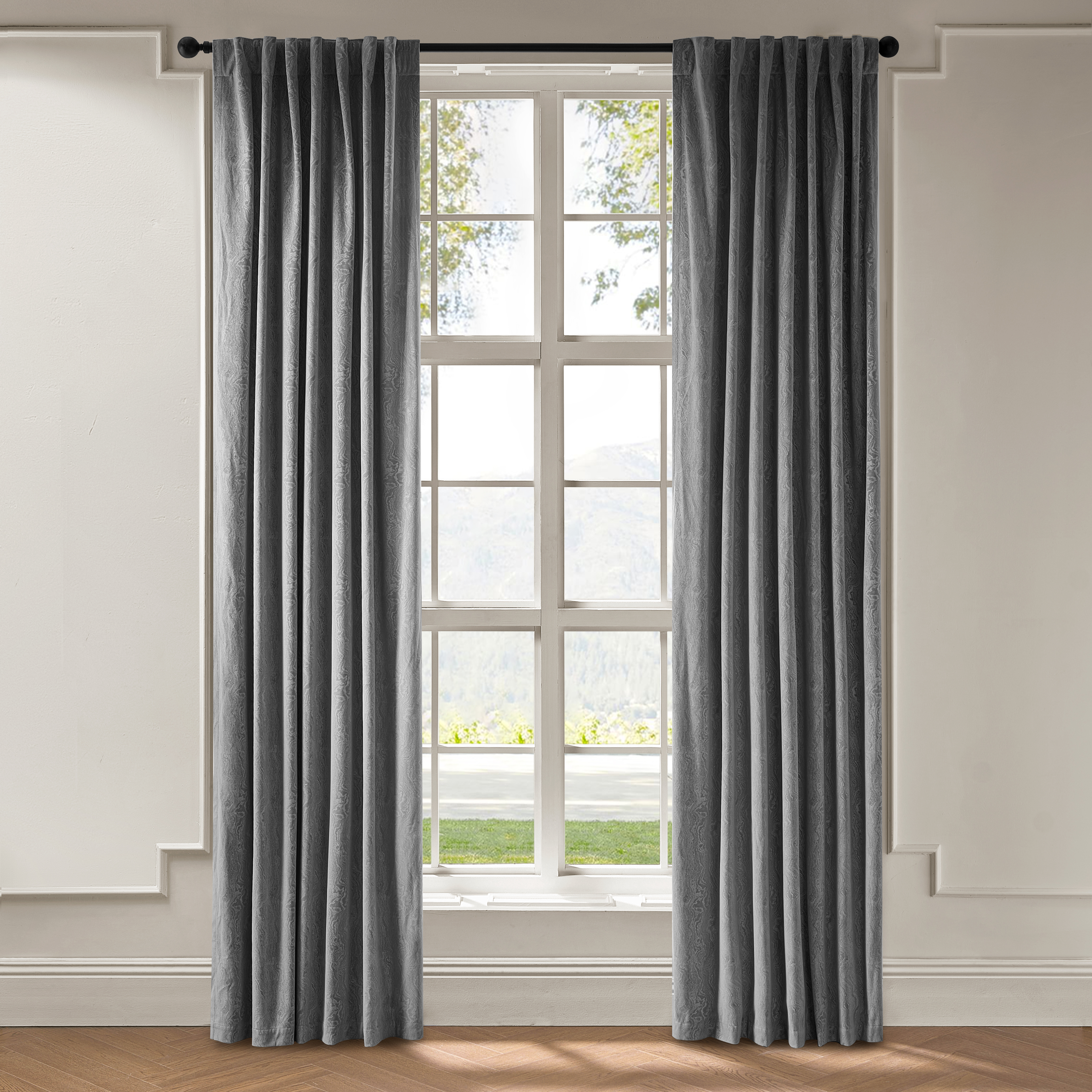Mabel Velvet Swirl Curtain - Grey Blue