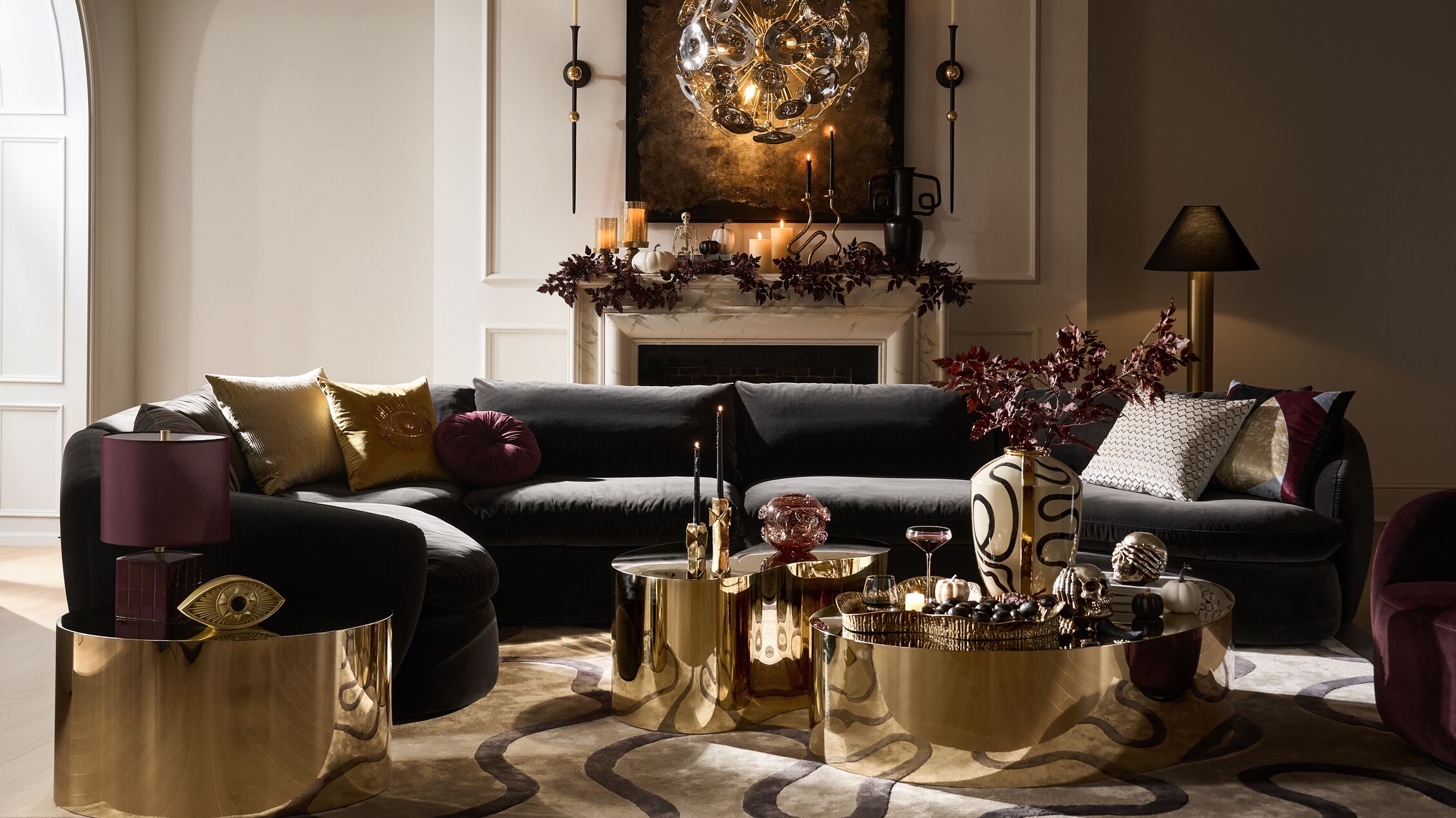 Dark velvet, gilded reflections, and candlelit intrigue set the stage for an evening of moody sophistication.