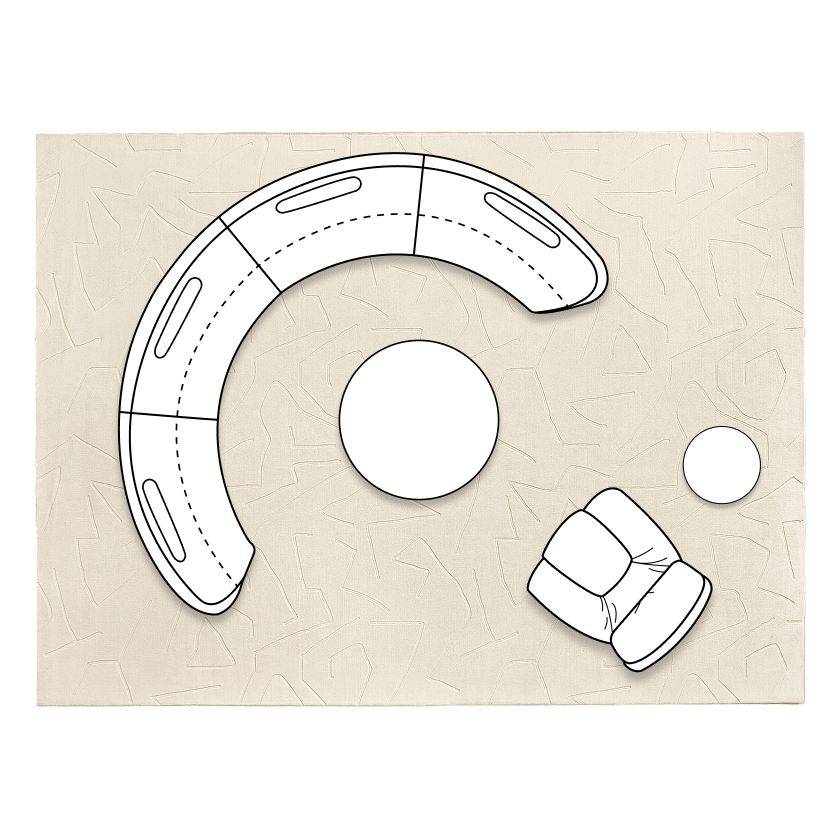Living room layout diagram for medium spaces featuring a large curved semicircular Irene sectional sofa, round coffee table, and an accent chair on an area rug.