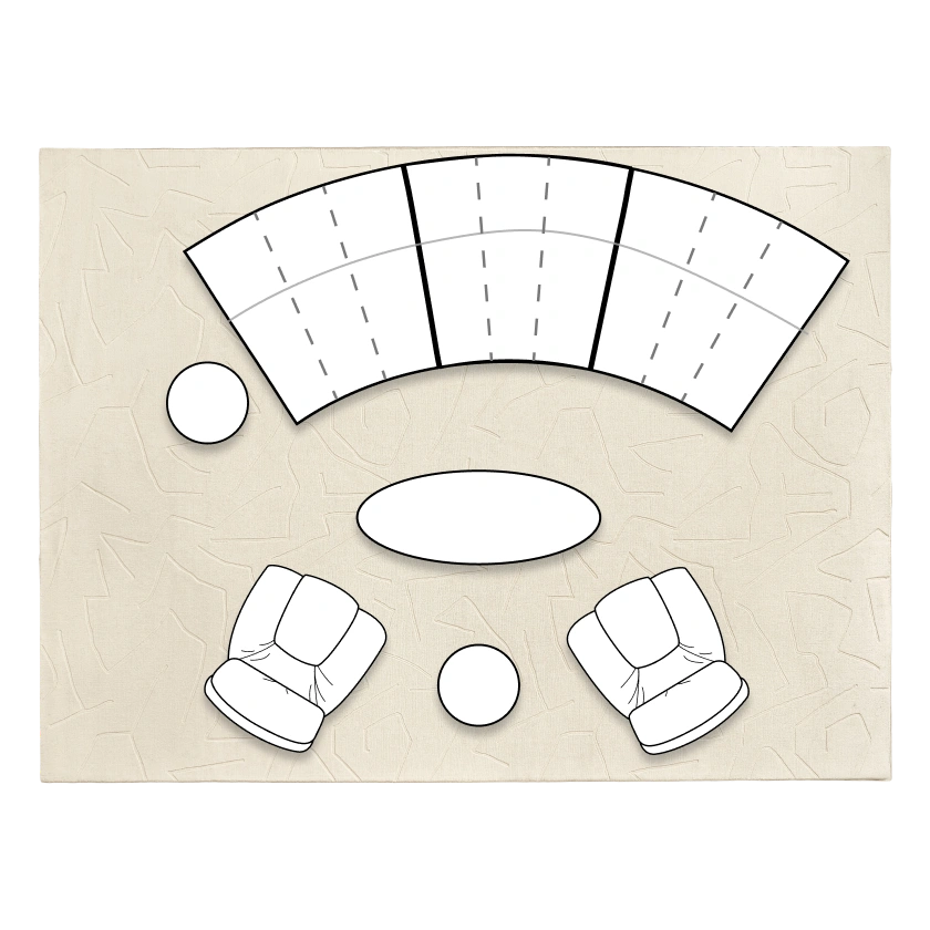 Small space living room furniture layout diagram with a curved segmented Jayce sectional sofa, two accent chairs, and an oval coffee table.