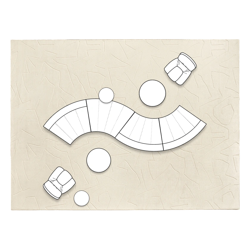 Large open-concept living room layout diagram featuring a large curved S-shaped sectional sofa, round coffee tables, side tables, and two accent chairs on an oversized rug
