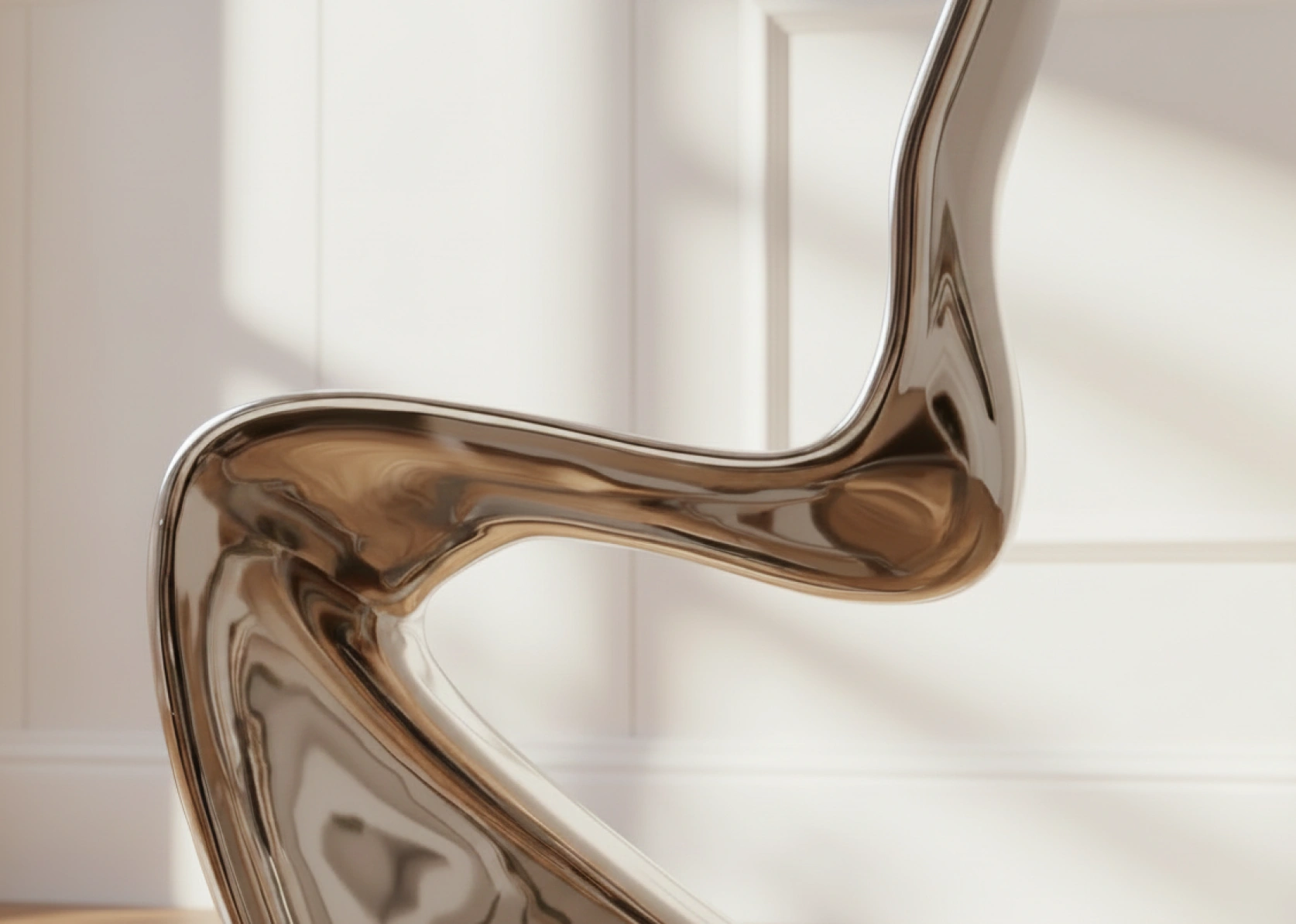 Close-up detail of a modern chrome accent chair featuring fluid, high-polish liquid metal curves.
