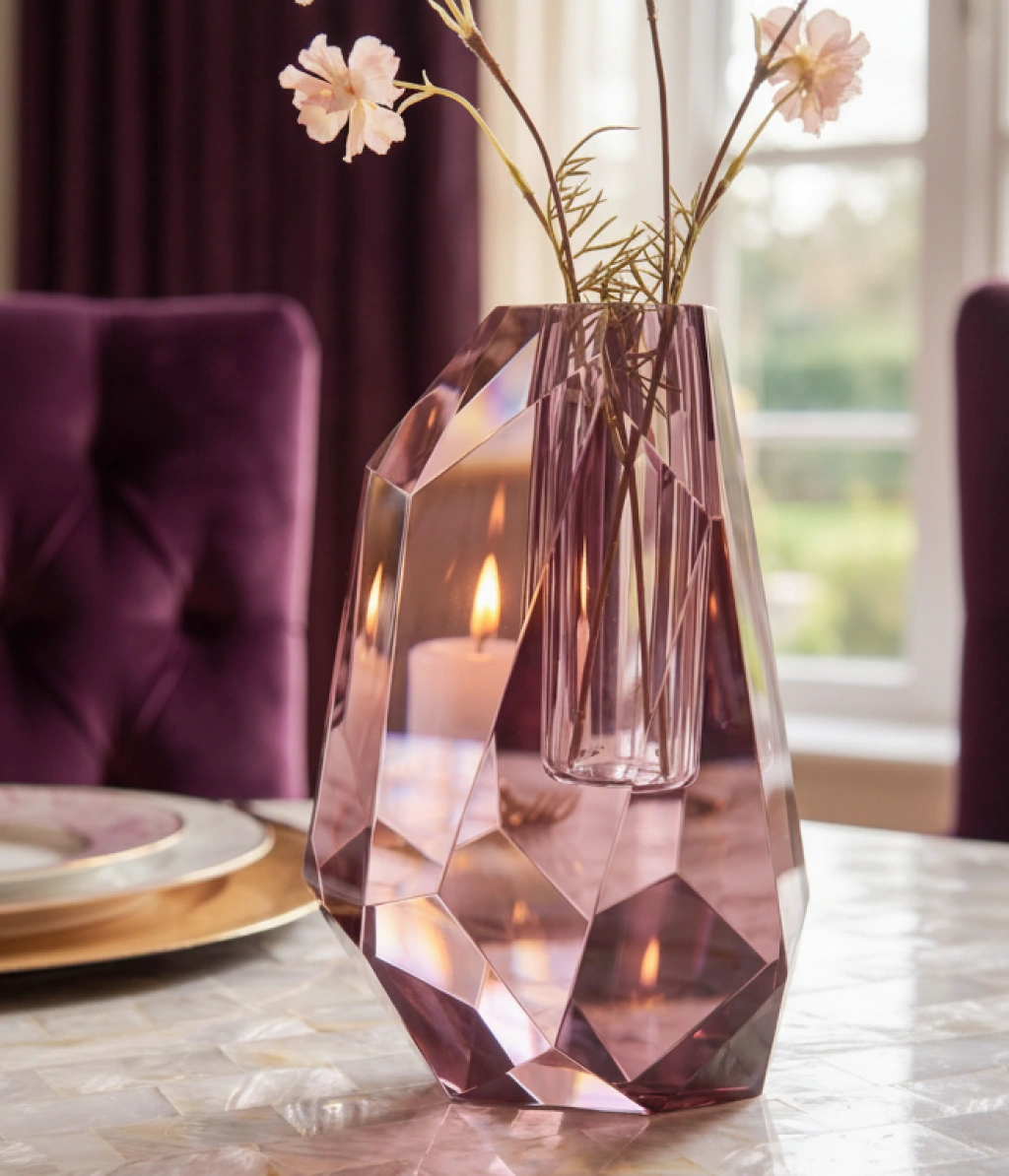 Faceted geometric purple crystal vase holding delicate pink blooms on a dining table with candlelight.