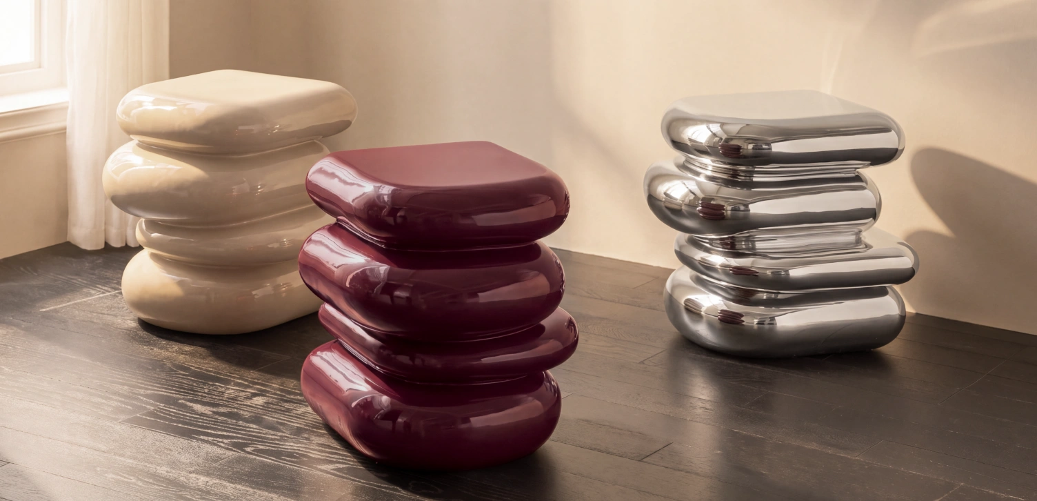 Set of Forma Stacked Accent Tables displayed in cream lacquer, glossy plum, and polished chrome finishes.