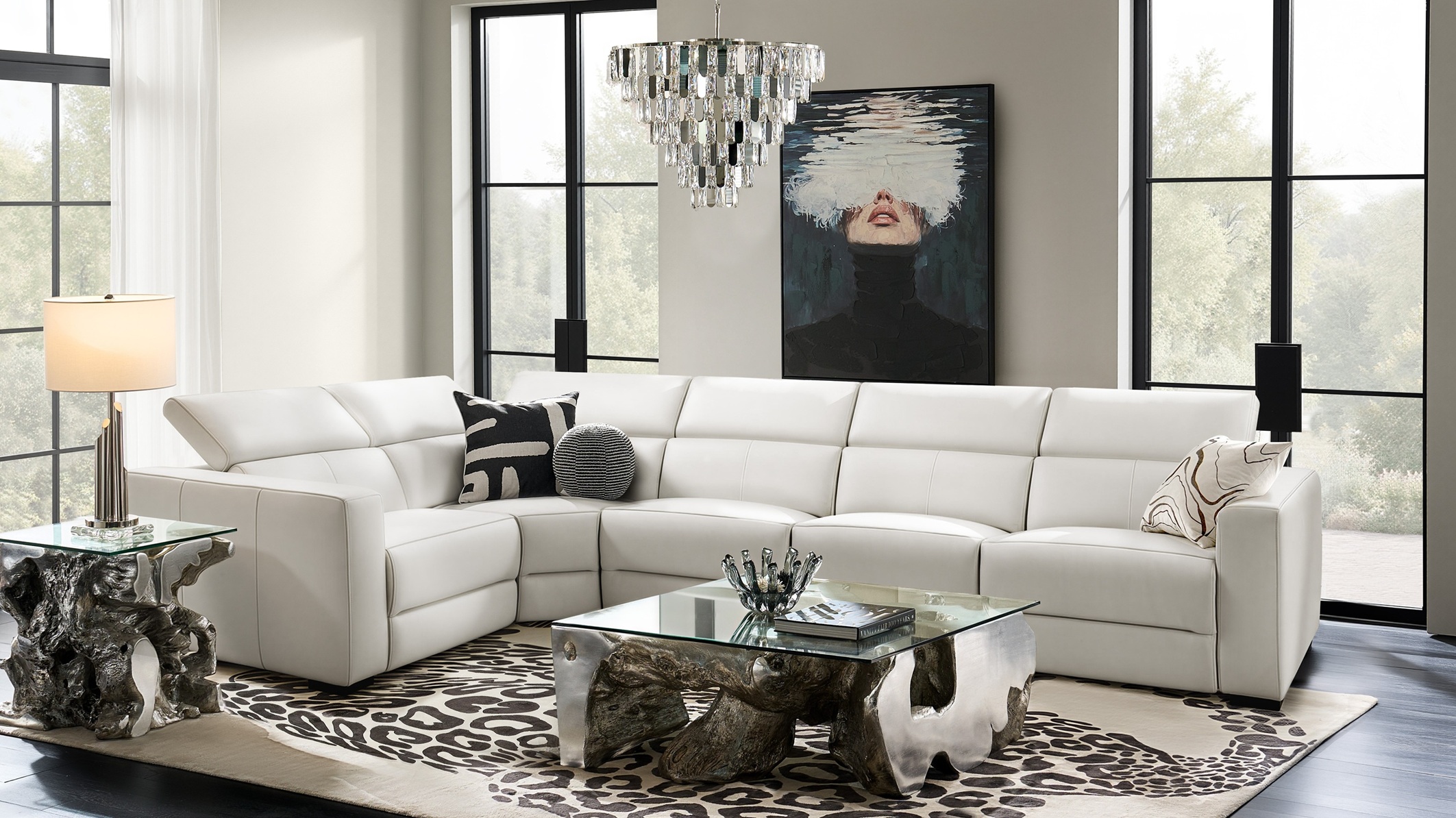 Architectural seating and graphic contrast, curated with unmistakable polish.