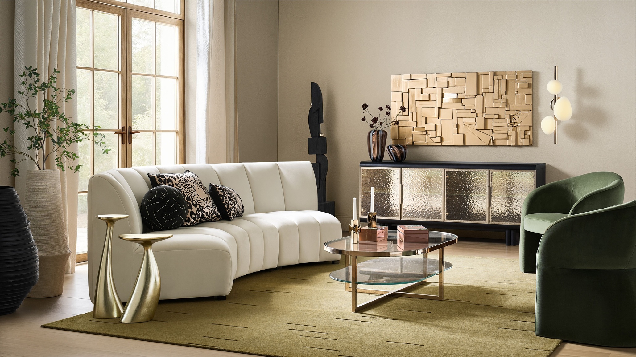 Refined shapes and statement finishes deliver a living room with gallery-like presence.