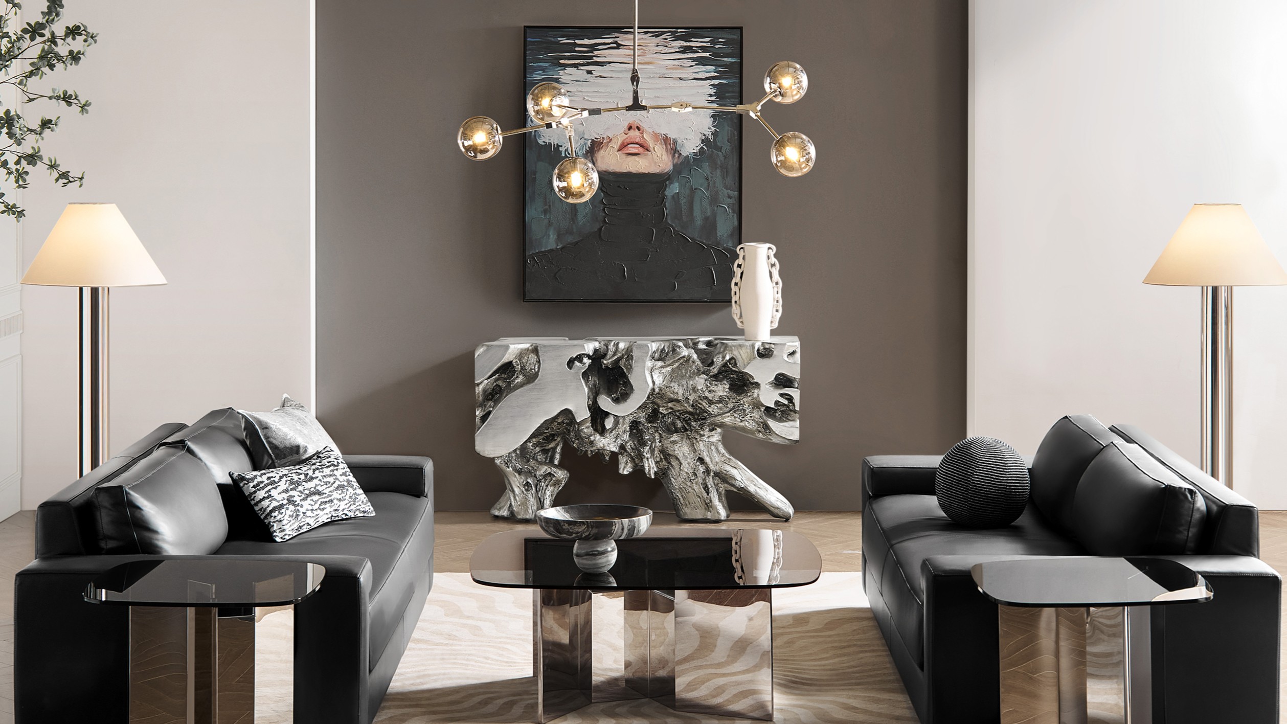 Inky silhouettes, reflective surfaces, and sculptural lighting create a space that feels bold, moody, and impeccably composed.