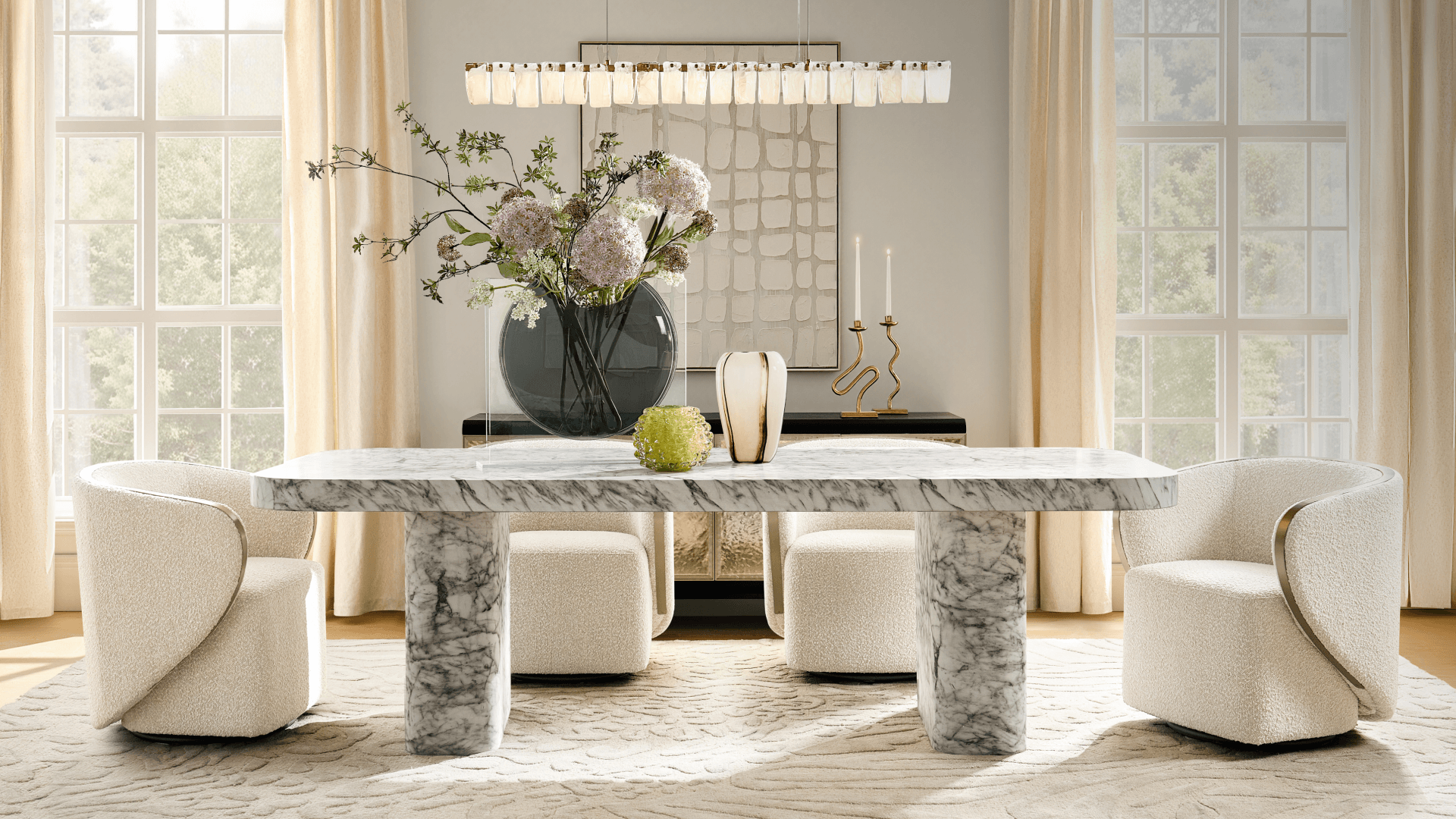 Modern marble dining table set with textured cream chairs and flash sale banner