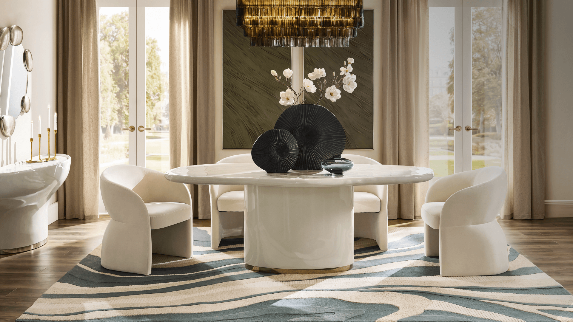 Modern dining room featuring a glossy white oval pedestal dining table paired with matching cream barrel chairs, a wave-patterned area rug, and black sculptural ribbed vases.