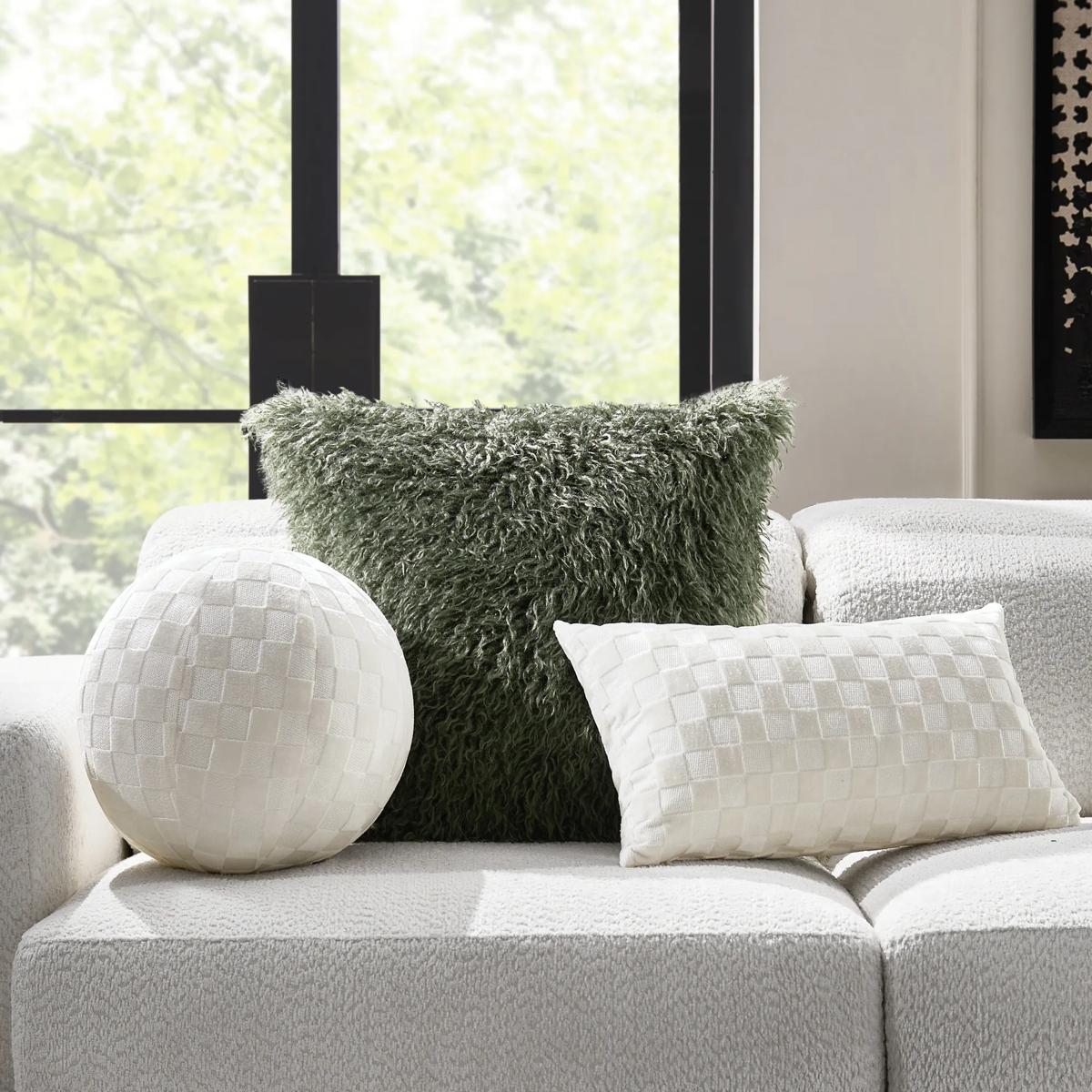 Checker Velvet Ball Pillow 12" - White