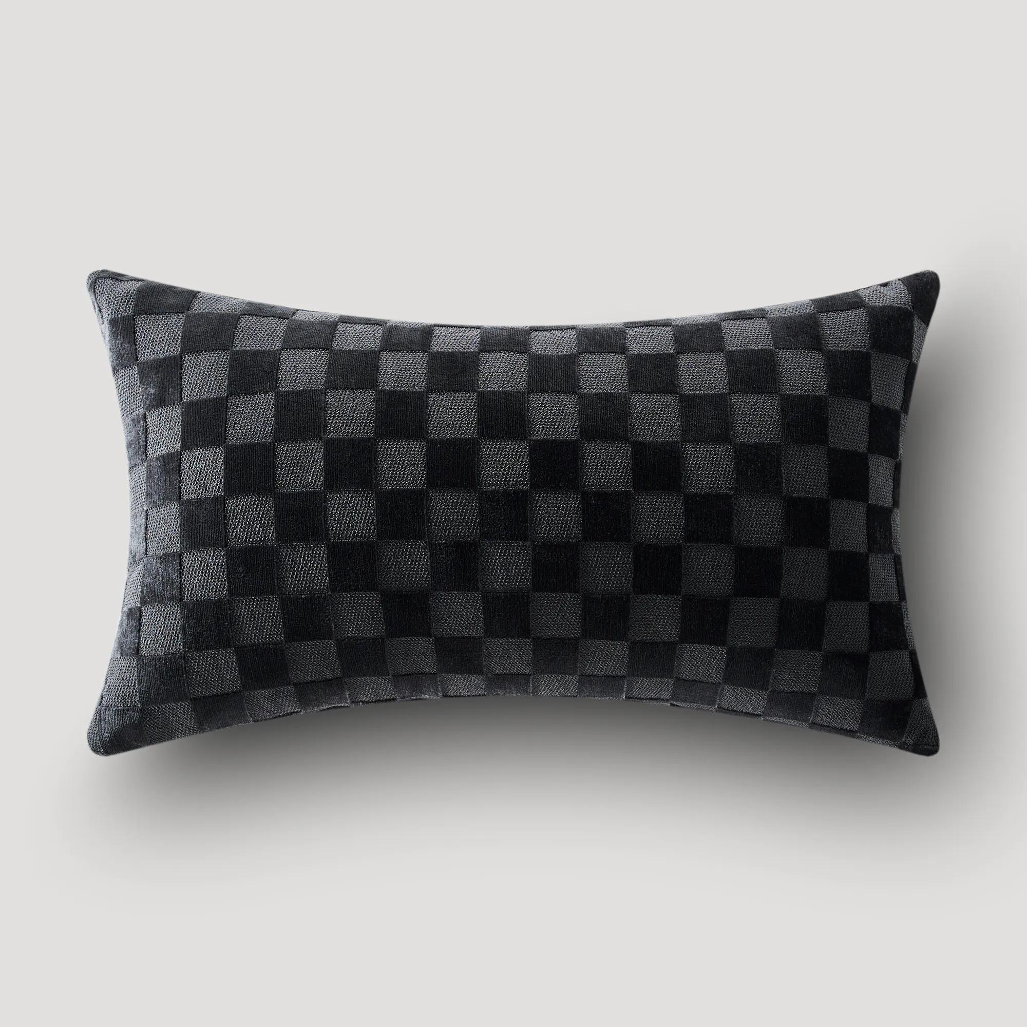 Checker Velvet Lumbar 12" X 22" - Black