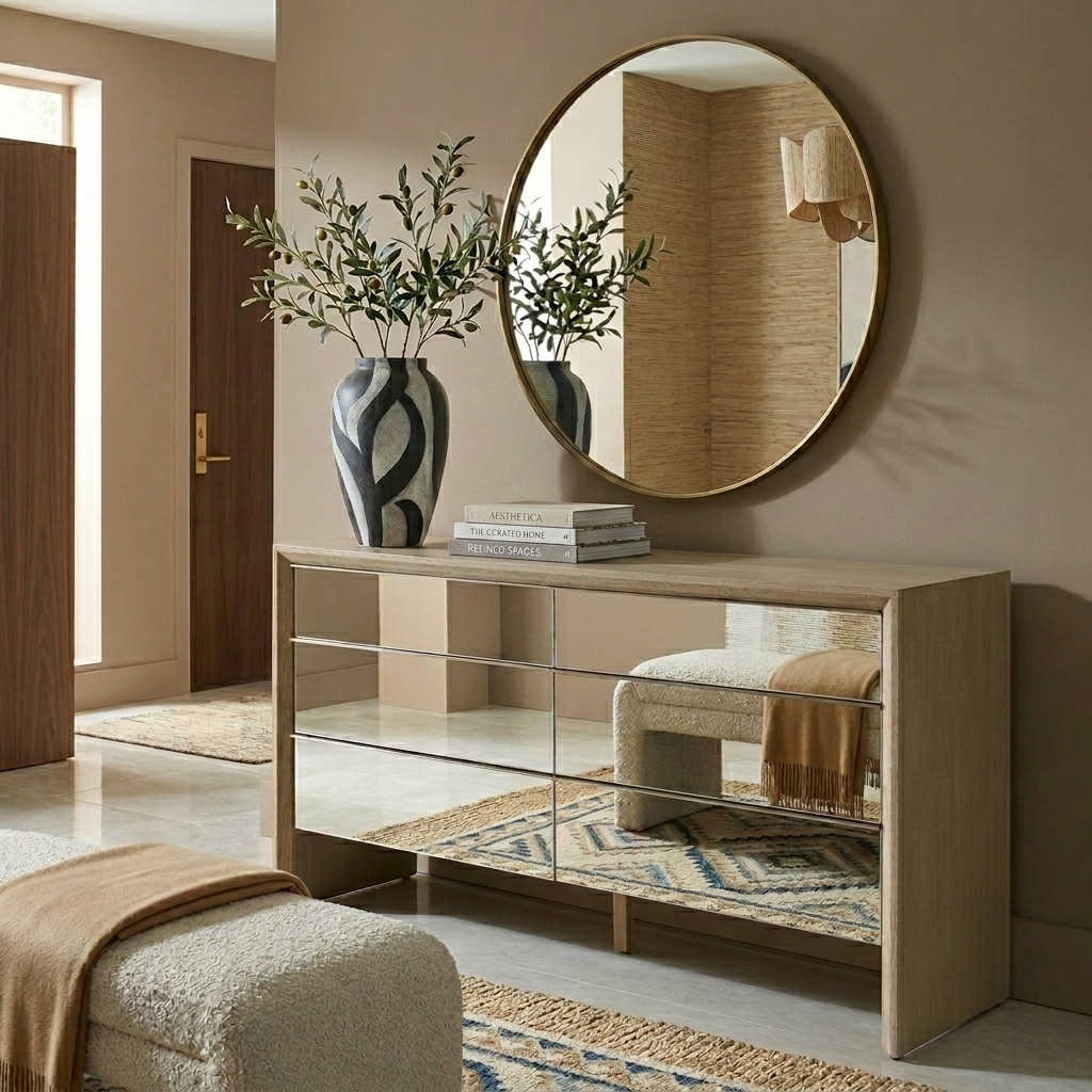 Mirrored console table styled in a refined modern entryway.
