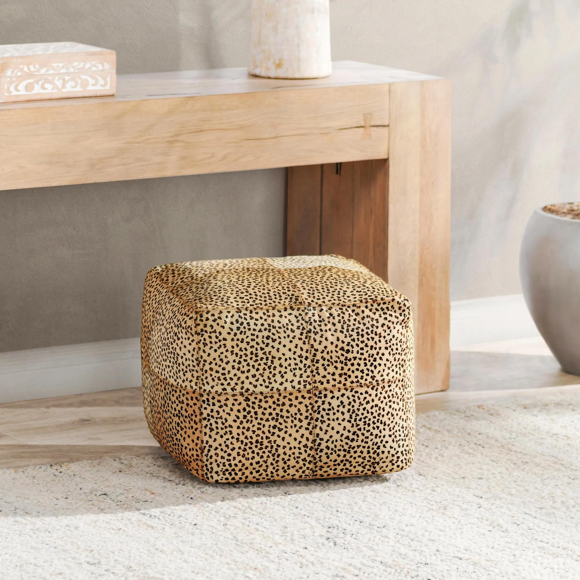 Leopard Hide Camel/Black Pouf
