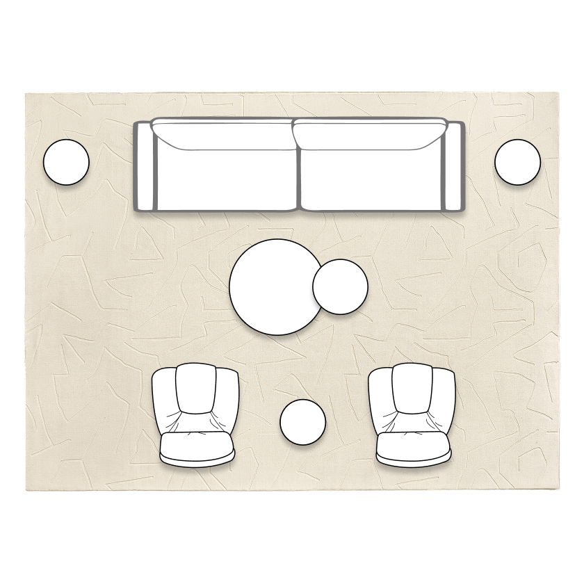 Architectural layout diagram for medium living rooms featuring a streamlined Curvia sofa, nesting round coffee tables, side tables, and two accent chairs.