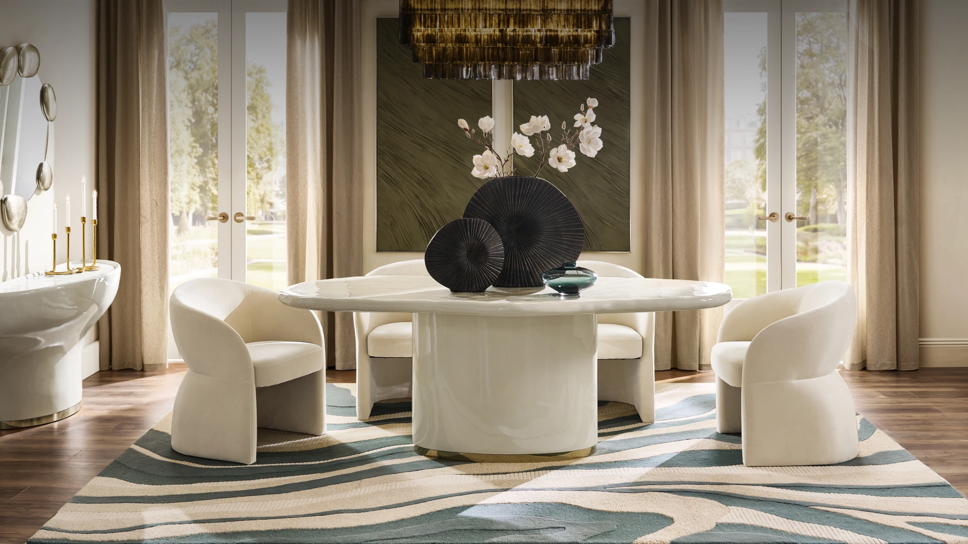 The Ivory Halo Dining Room featuring a round high-gloss dining table, sculptural cream barrel dining chairs, pleated black centerpiece decor, and wavy area rug.