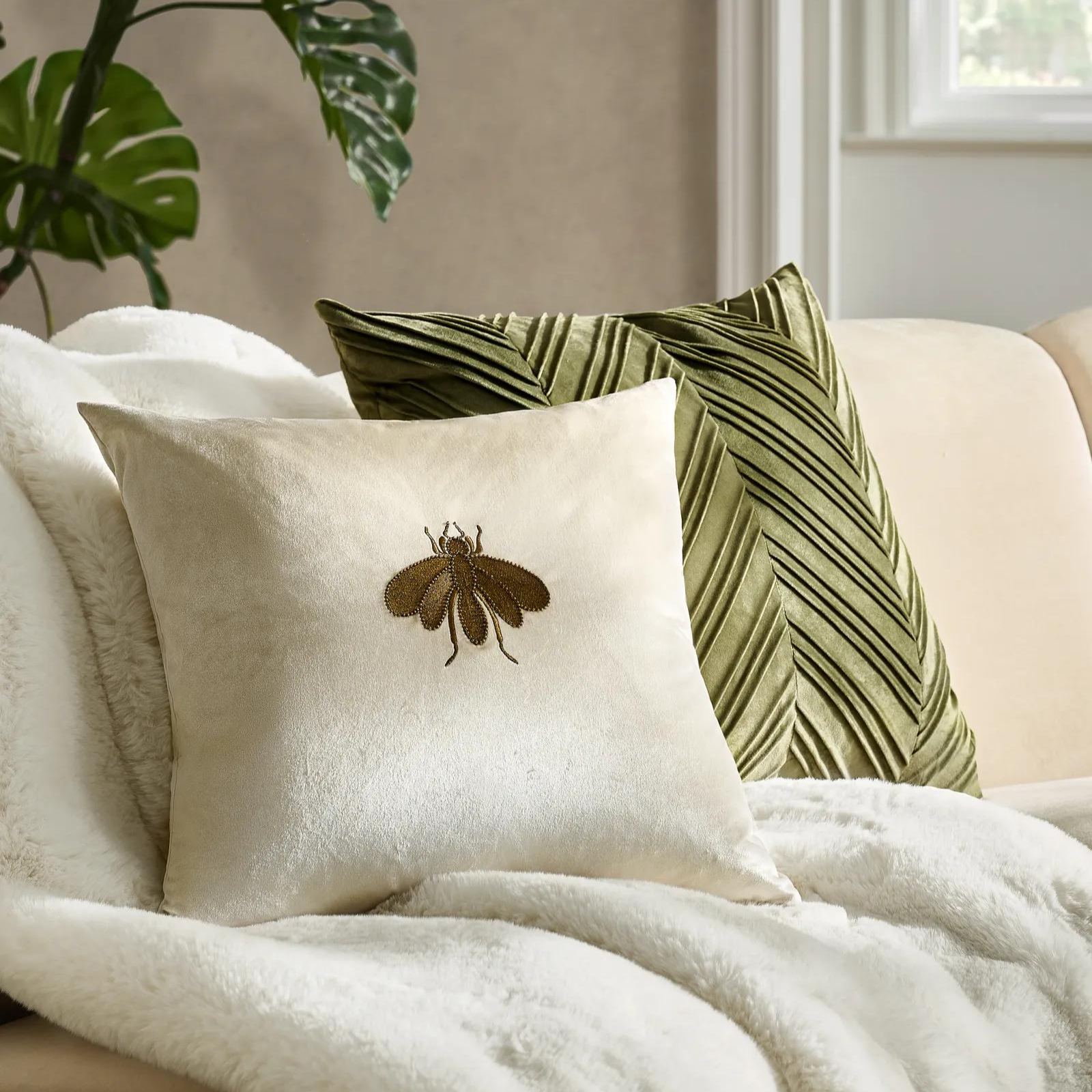 Bee Embroidered Velvet Pillow 20" - Cloud/Bronze
