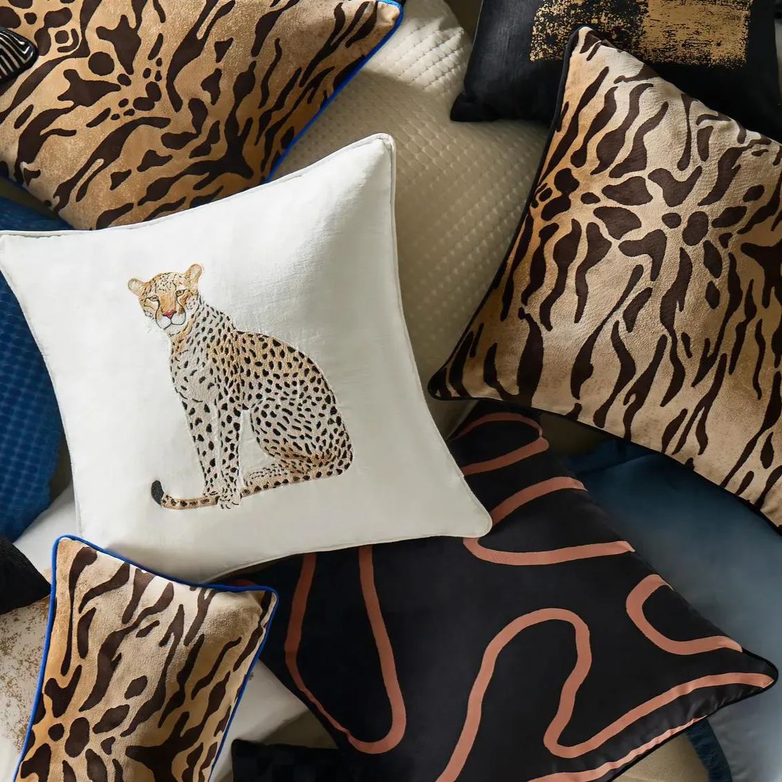 Bronze Tiger Blue Piping Velvet Pillow 22" x 22"
