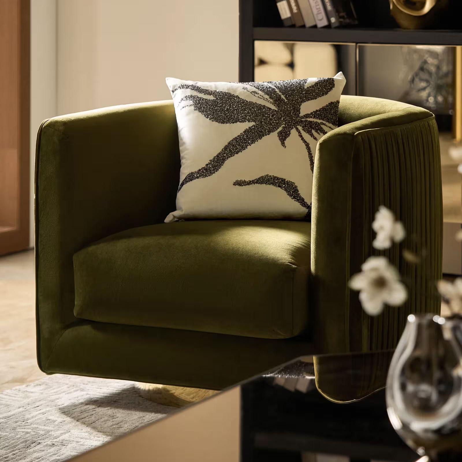 Lyssa Pleated Deep Olive Velvet Swivel Accent Chair