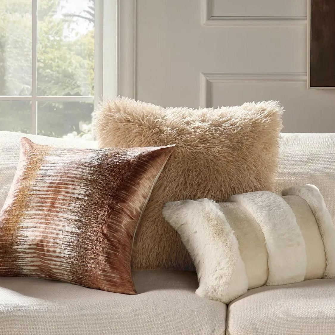 Micah Beige Faux Mongolian Fur Pillow 22" x 22"