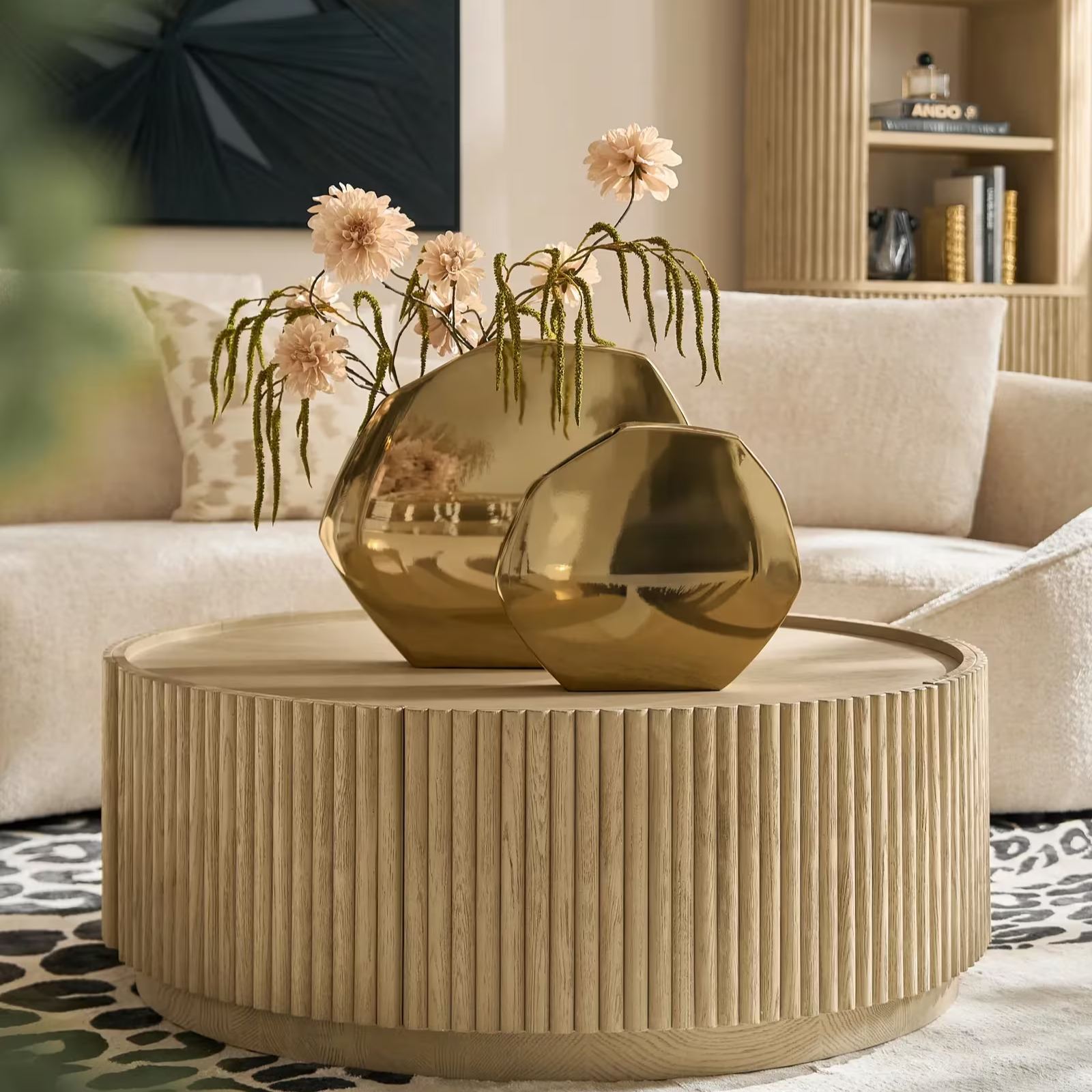 Stria Round Reeded White Oak Coffee Table with Drawer (42.3")