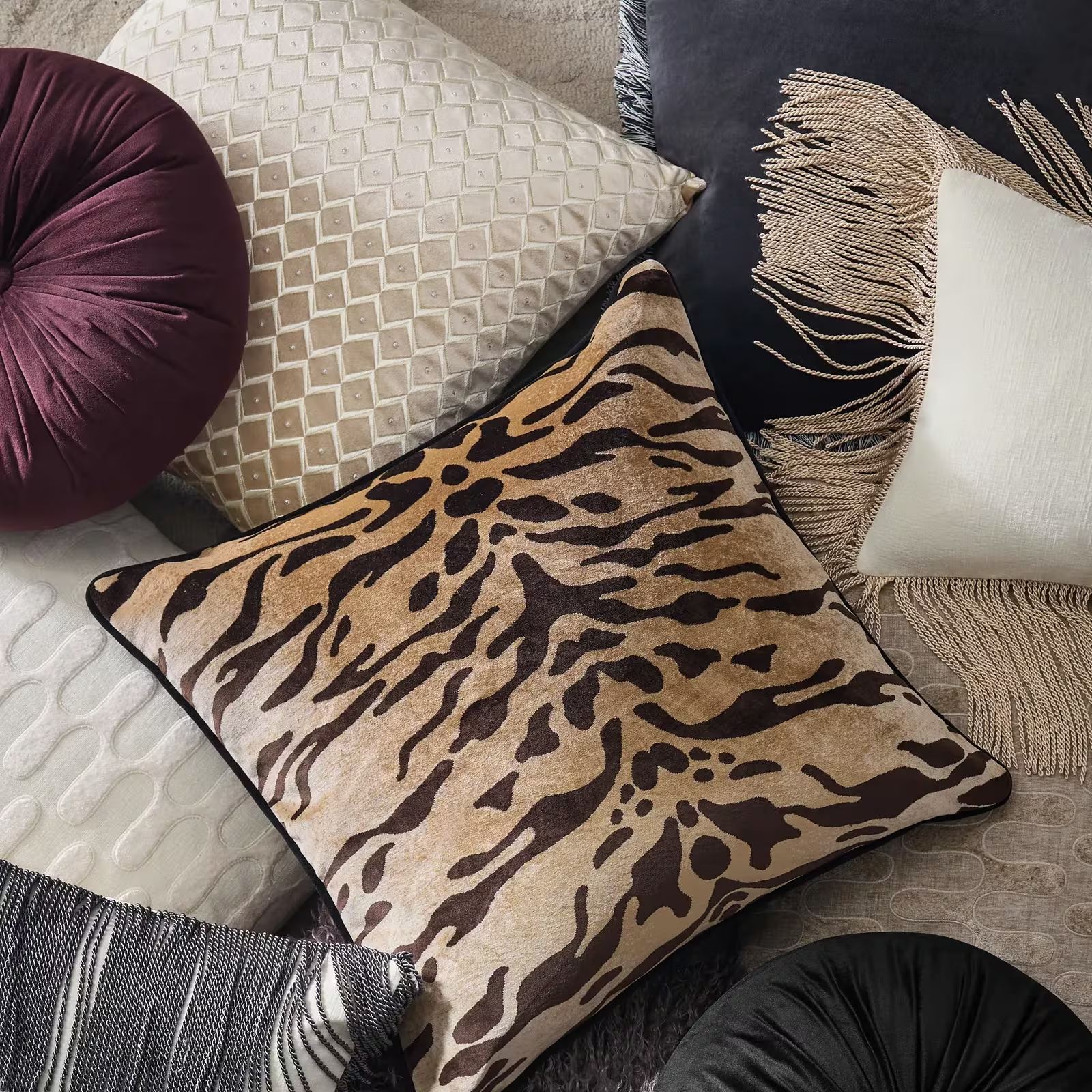 Boucard Diamond Check Embroidered Pillow 22" - Taupe