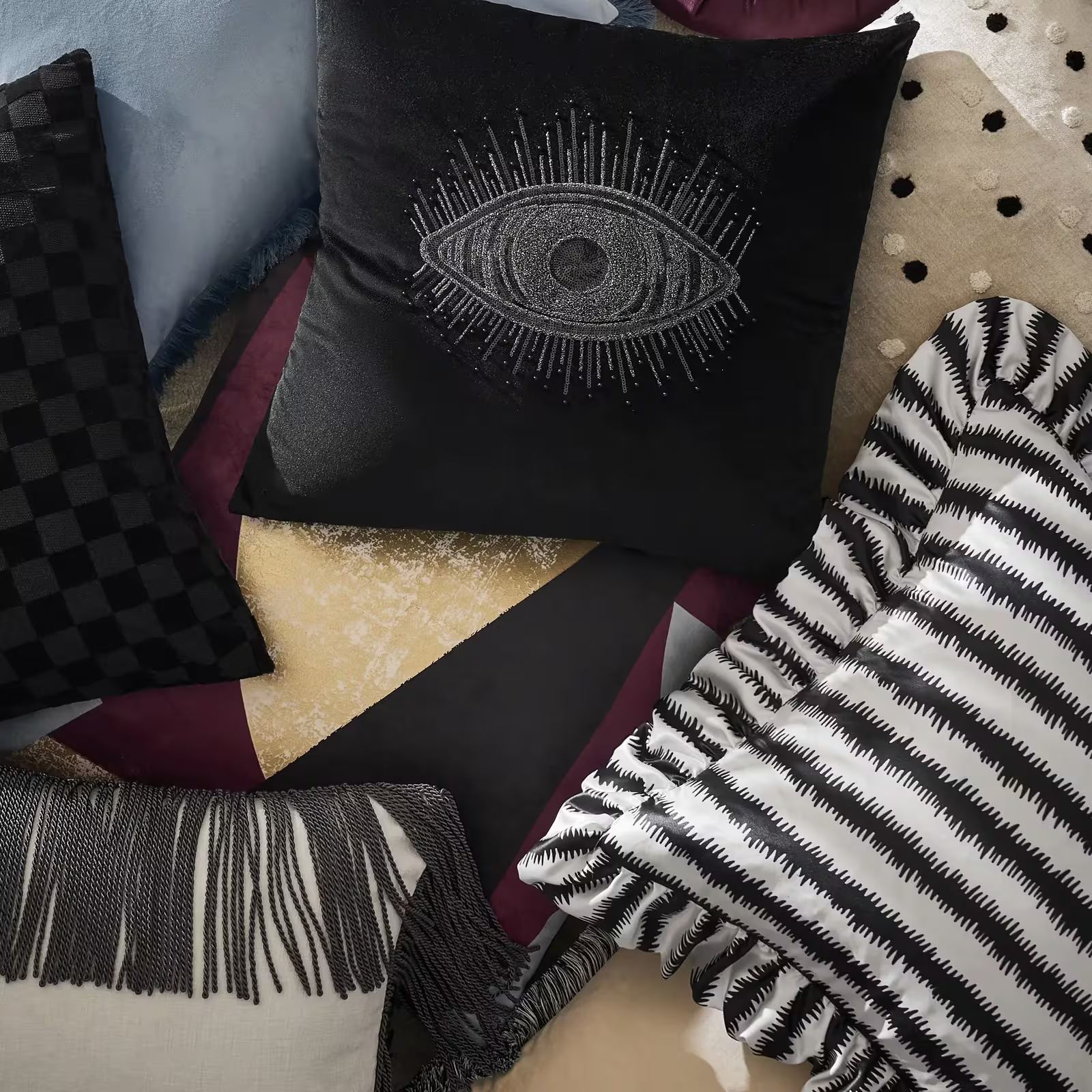 Talia Striped Ruffle Pillow 20" - Black/White