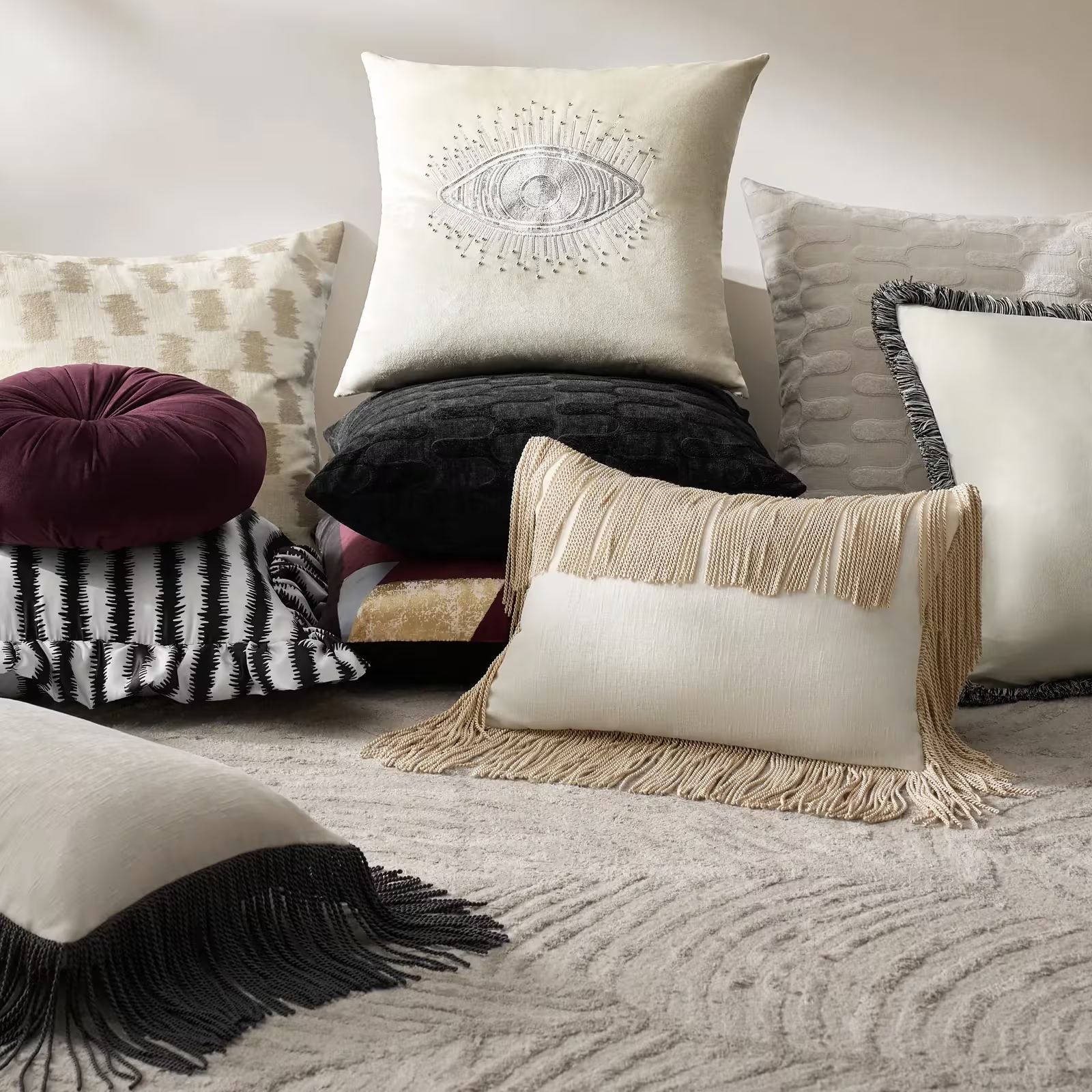Talia Striped Ruffle Pillow 20" - Black/White