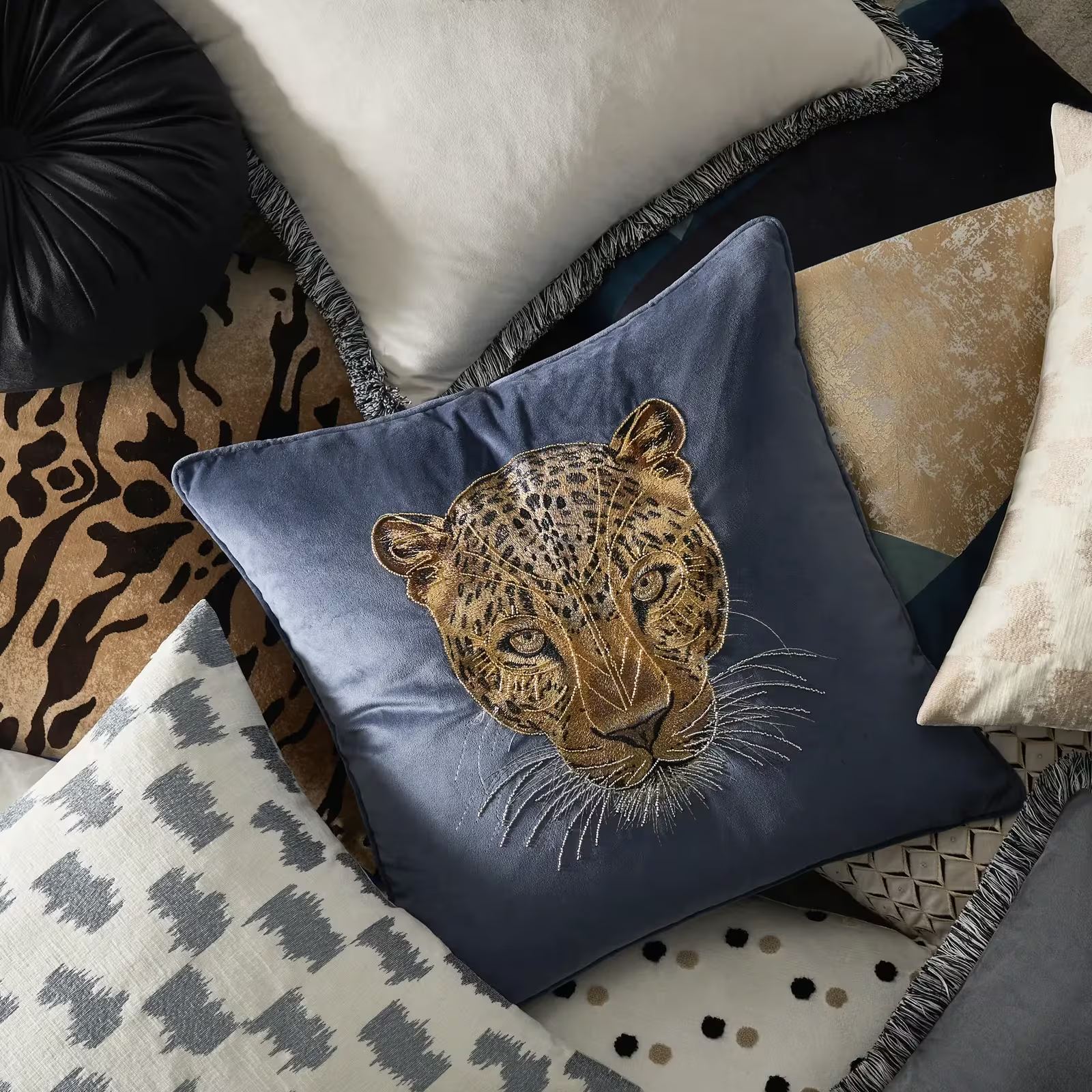 Namir Leopard Beaded Embroidered Dusty Blue/Gold Velvet Pillow 22" x 22"