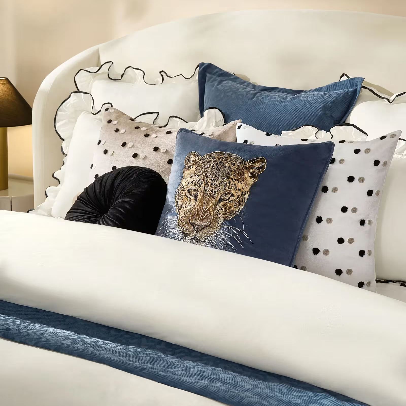 Namir Leopard Beaded Embroidered Dusty Blue/Gold Velvet Pillow 22" x 22"
