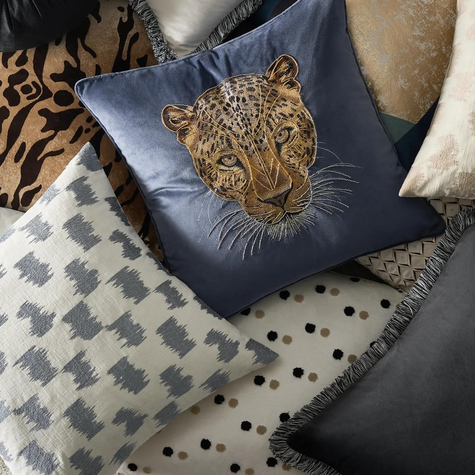 Scacco Check Embroidered Pillow 22" - Dusty Blue/Ivory