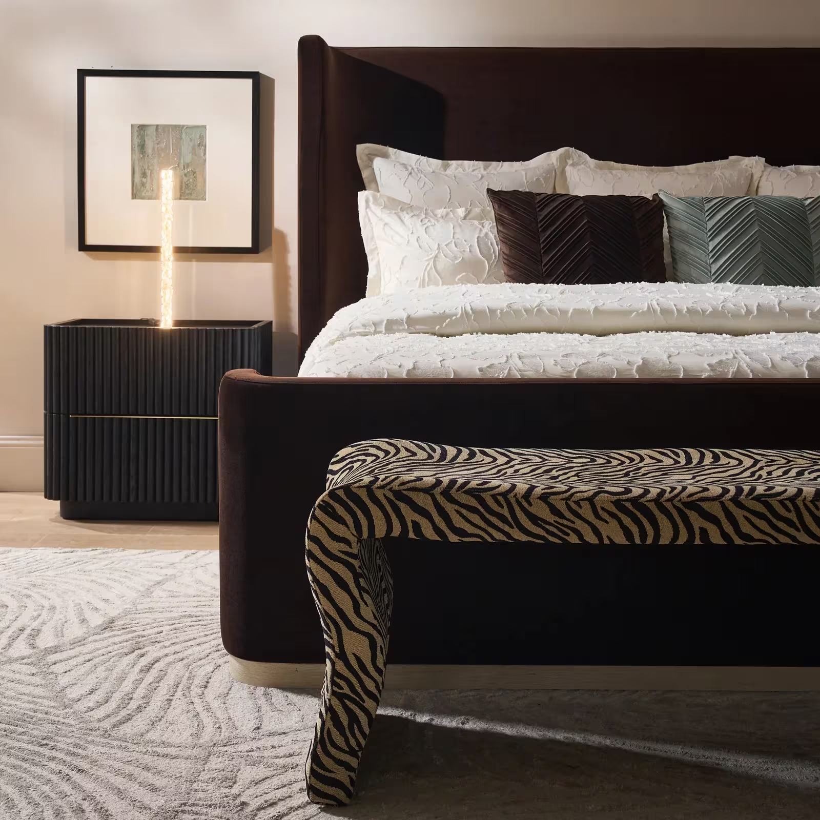 Stria Dark Chocolate Velvet Upholstered Queen Platform Bed