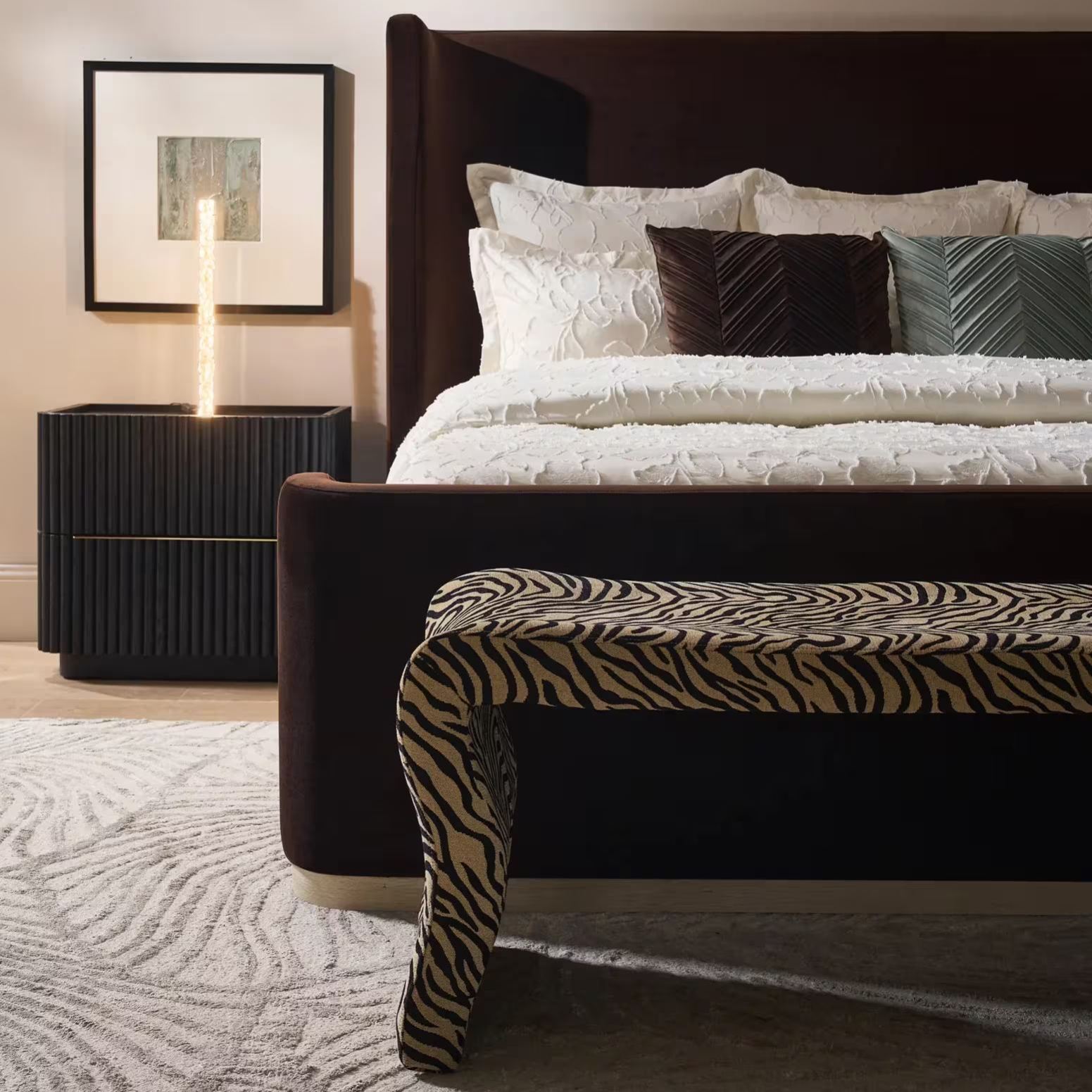 Stria Dark Chocolate Velvet Upholstered Queen Platform Bed