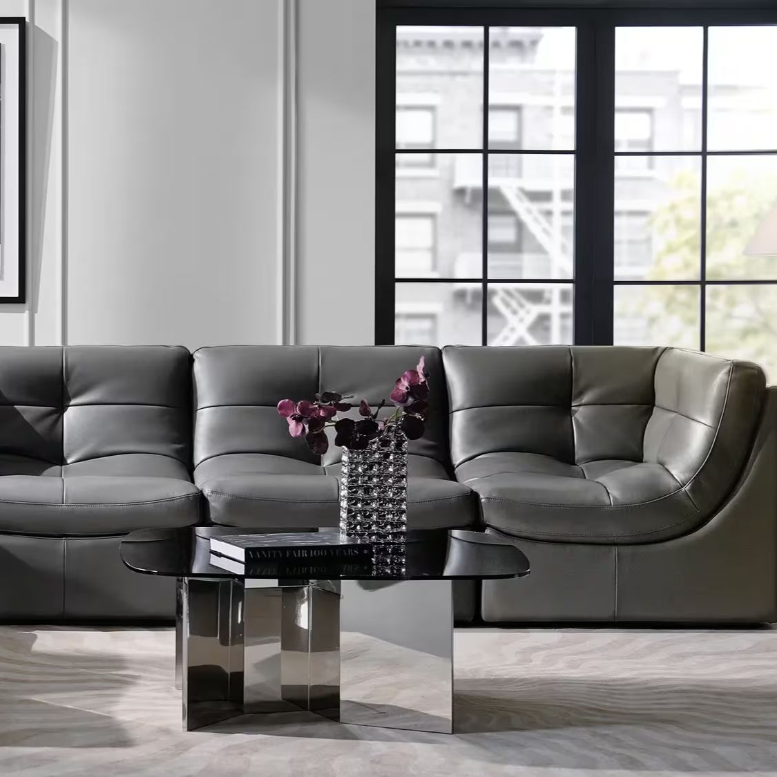 Convo 6-Piece Charcoal Leather Sectional Sofa