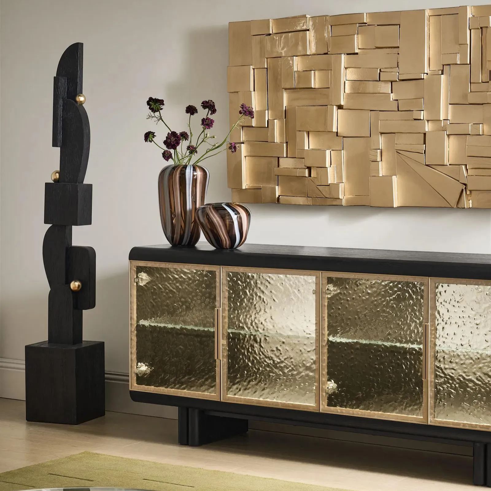 Billow Mouth Blown Brown Striped Glass Vases