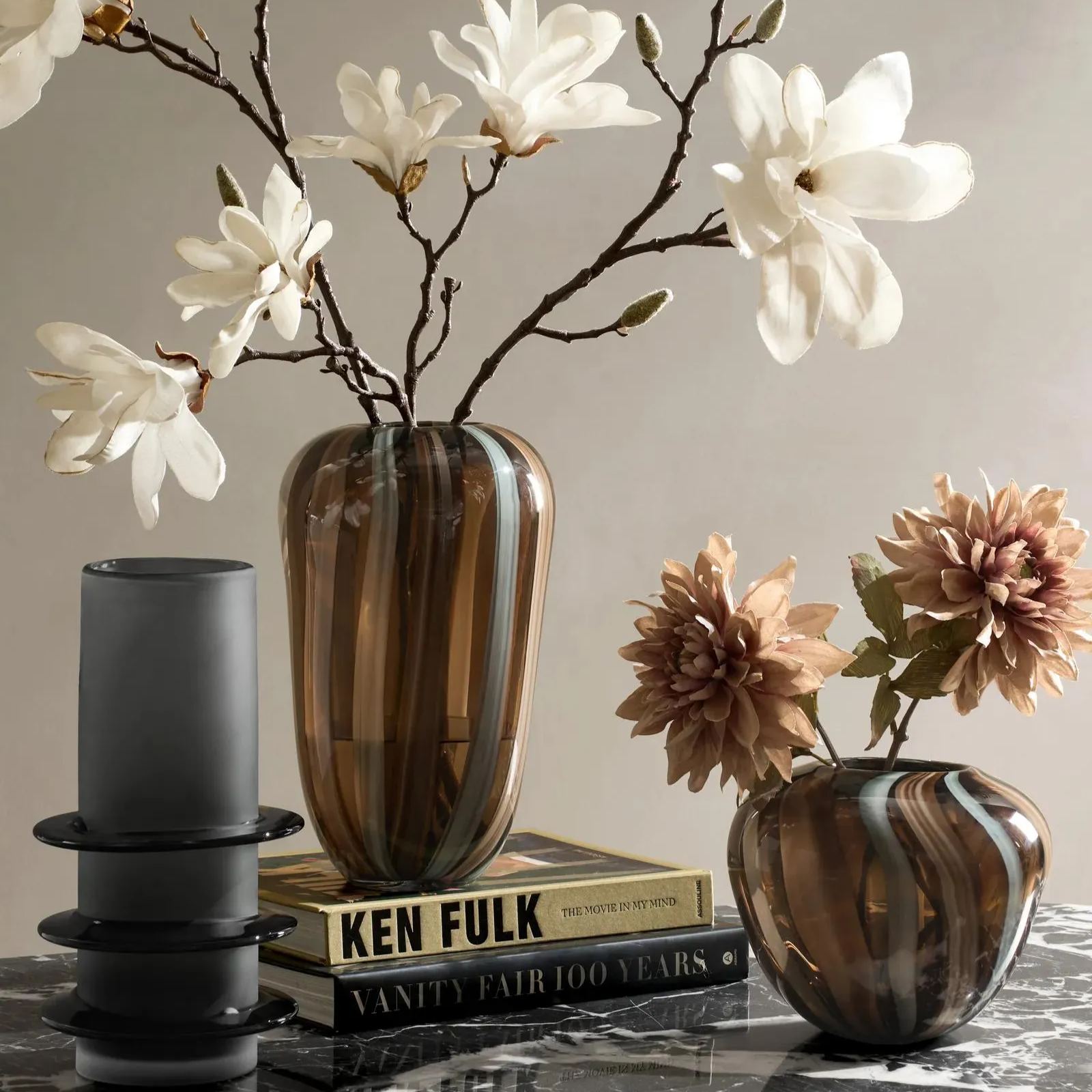 Billow Mouth Blown Brown Striped Glass Vases