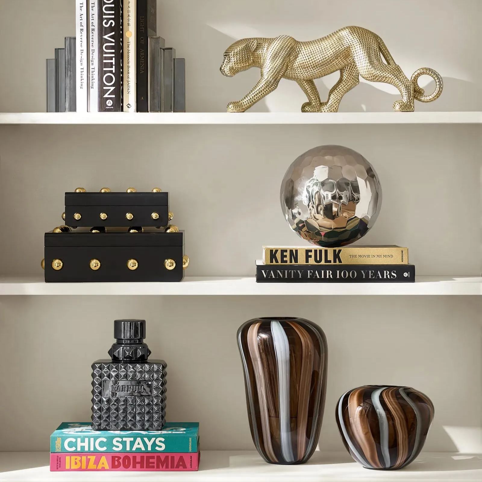 Billow Mouth Blown Brown Striped Glass Vases