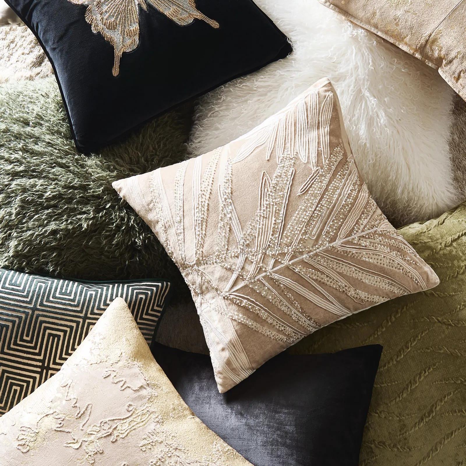 Frond Embroidered Bead Pillow 20" - Soft Nude