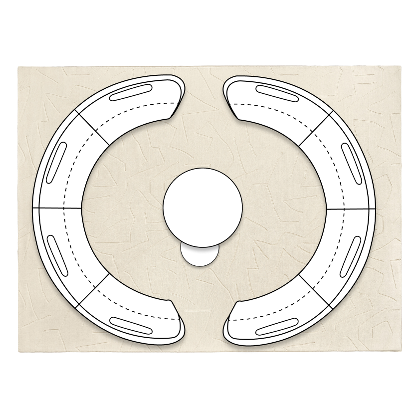 Spacious living room floor plan layout featuring two matching semicircular Irene curved sectional sofas forming a full circular conversation pit around a round coffee